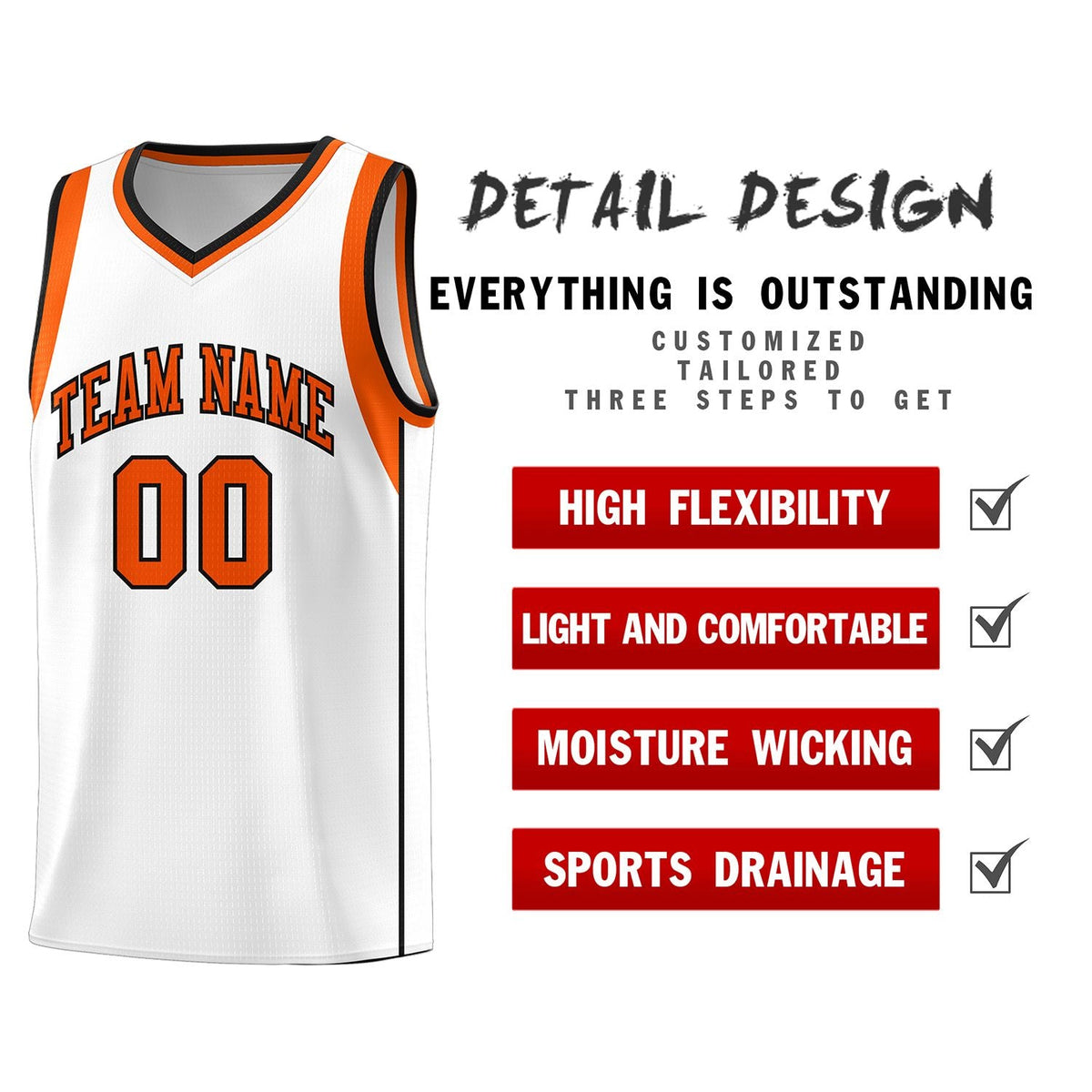 Custom White Orange-Black Sleeve Color Blocking Classic Sports Uniform Basketball Jersey