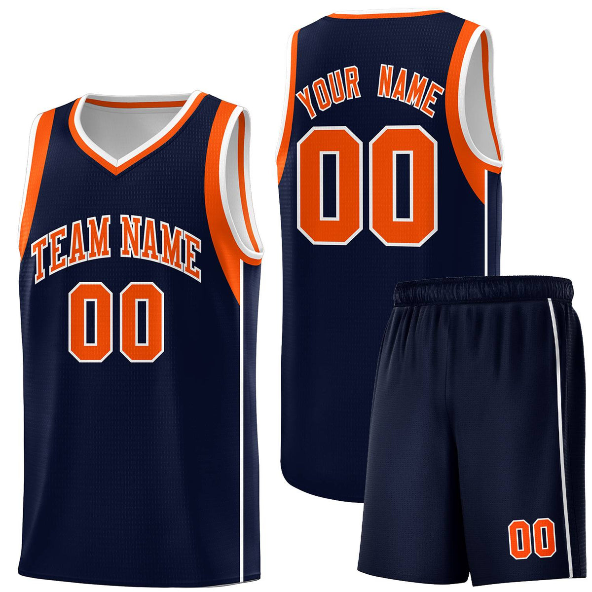 Custom Navy Orange-White Sleeve Color Blocking Classic Sports Uniform Basketball Jersey