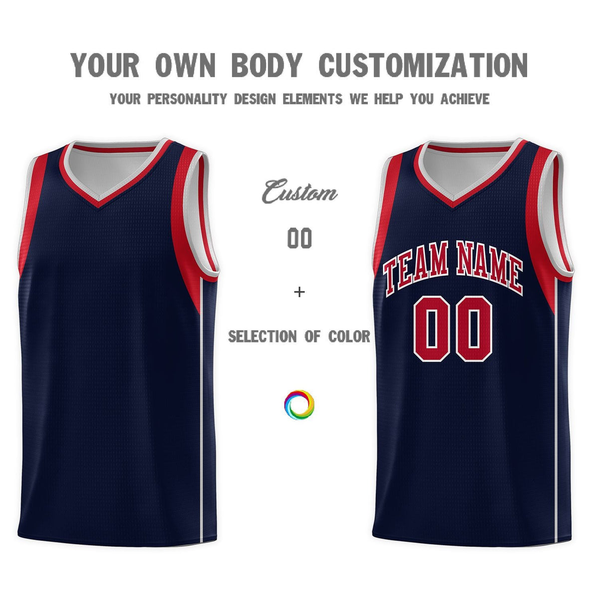 Custom Navy Red-Gray Sleeve Color Blocking Classic Sports Uniform Basketball Jersey