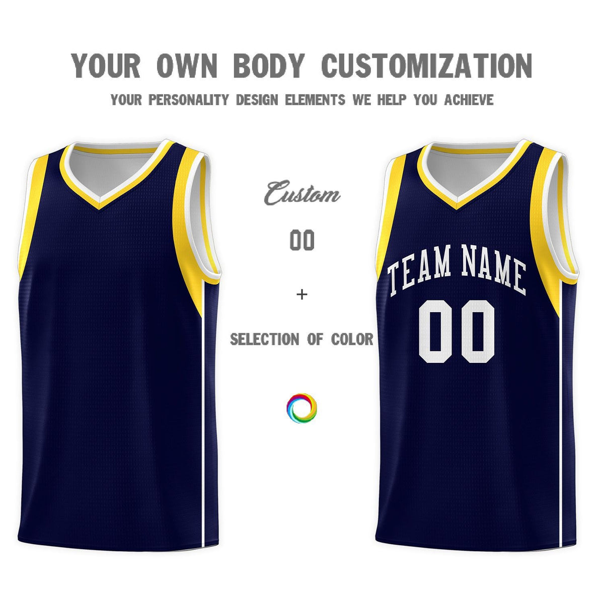 Custom Navy White-Gold Sleeve Color Blocking Classic Sports Uniform Basketball Jersey
