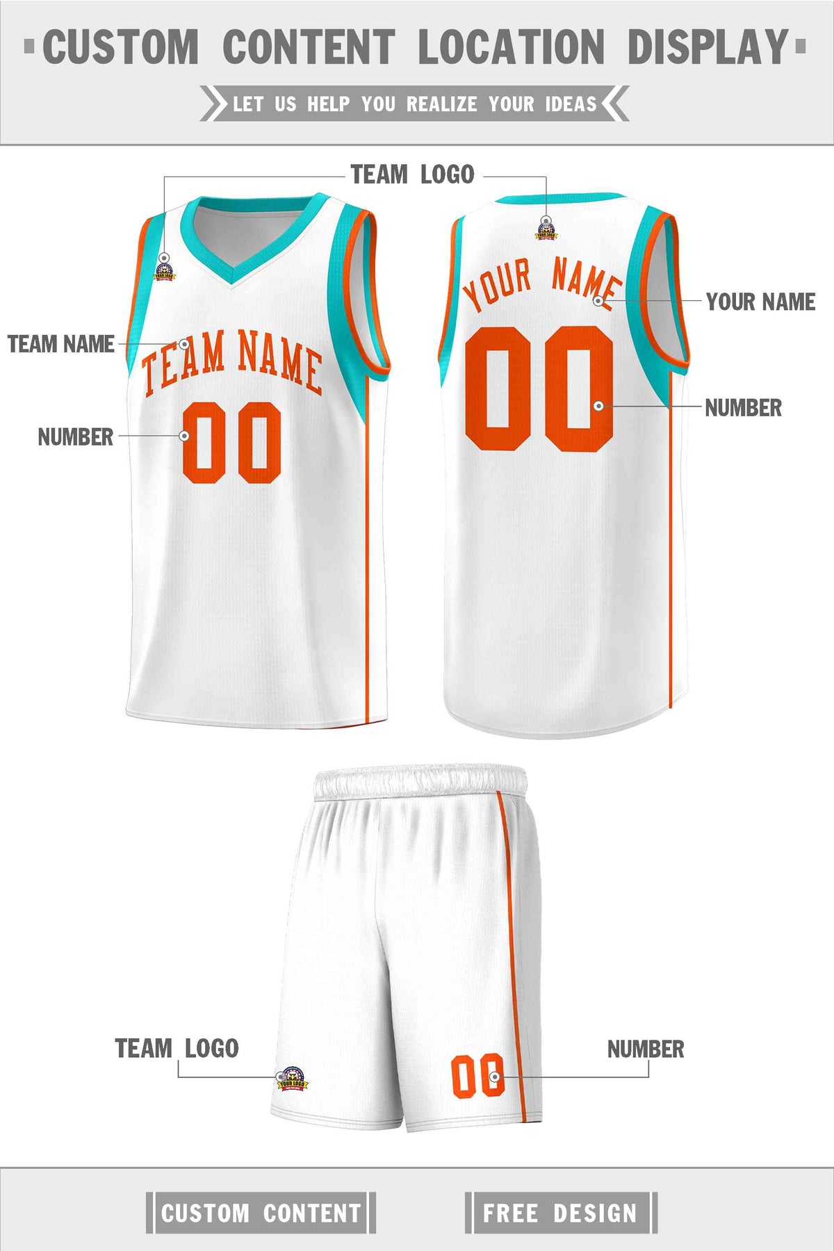 Custom White Orange Sleeve Color Blocking Classic Sports Uniform Basketball Jersey