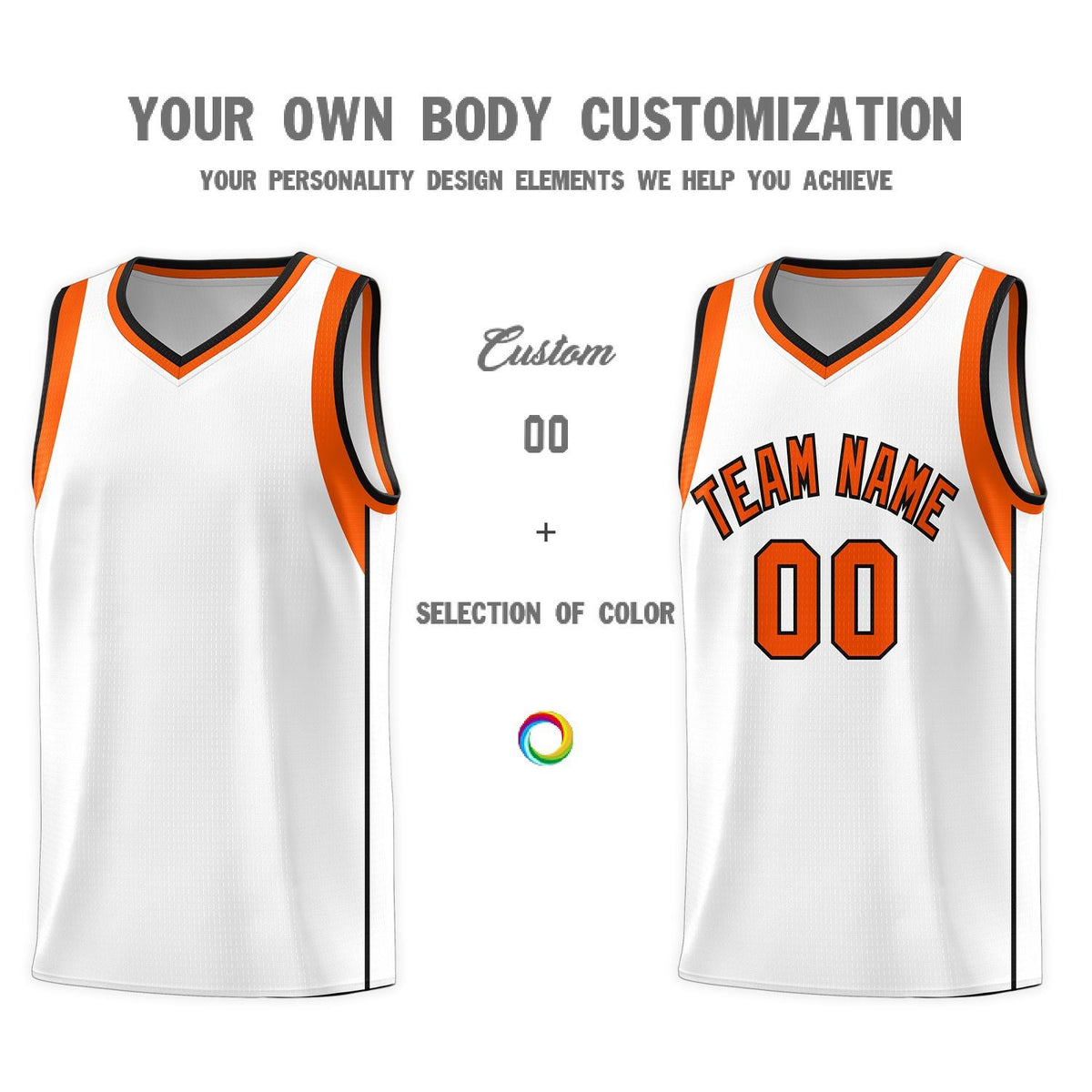 Custom White Orange-Black Sleeve Color Blocking Classic Sports Uniform Basketball Jersey