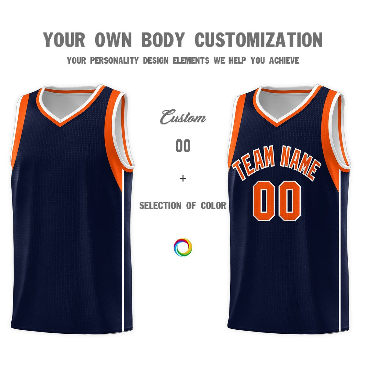 Custom Navy Orange-White Sleeve Color Blocking Classic Sports Uniform Basketball Jersey