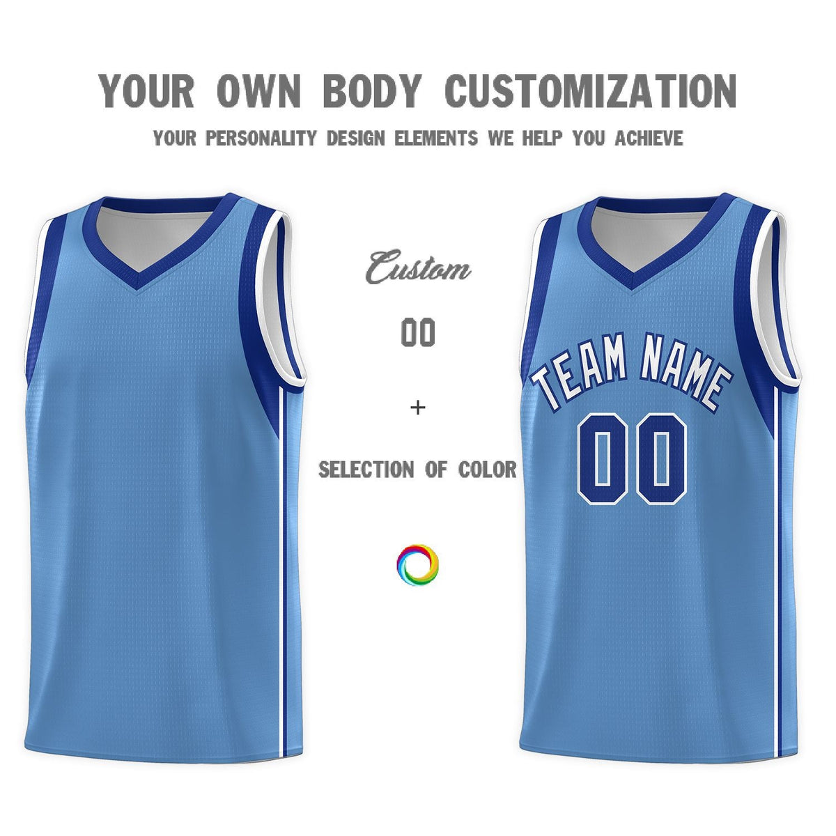 Custom Powder Blue Royal-White Sleeve Color Blocking Classic Sports Uniform Basketball Jersey