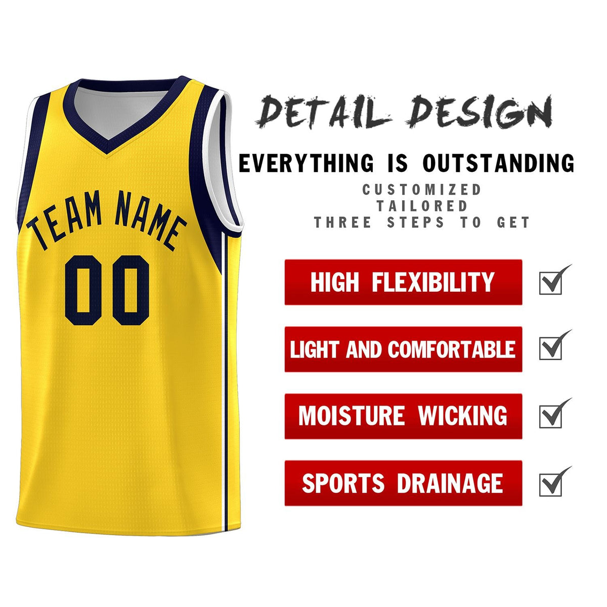 Custom Gold Navy Sleeve Color Blocking Classic Sports Uniform Basketball Jersey