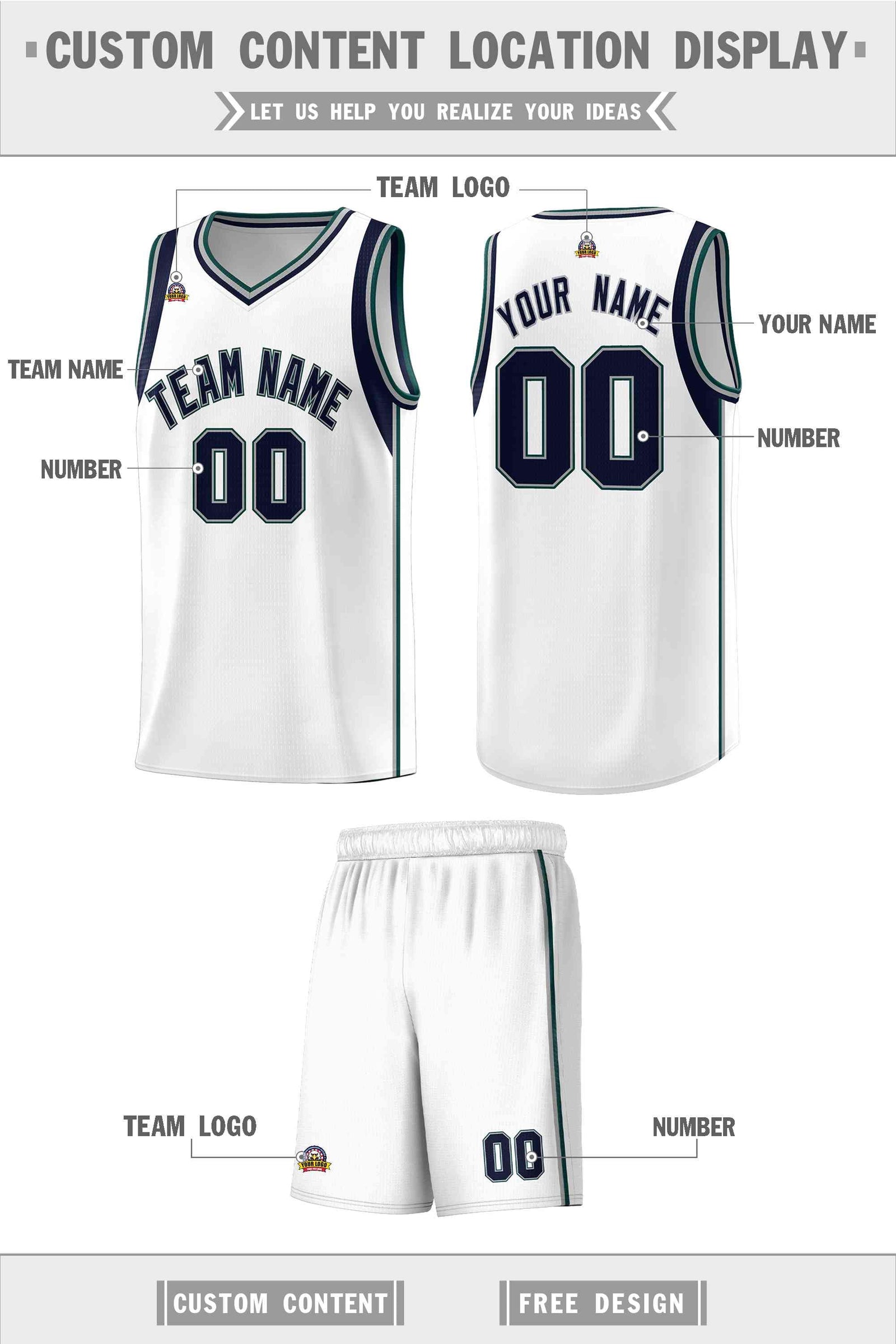 Custom White Navy-Gray Sleeve Color Blocking Classic Sports Uniform Basketball Jersey