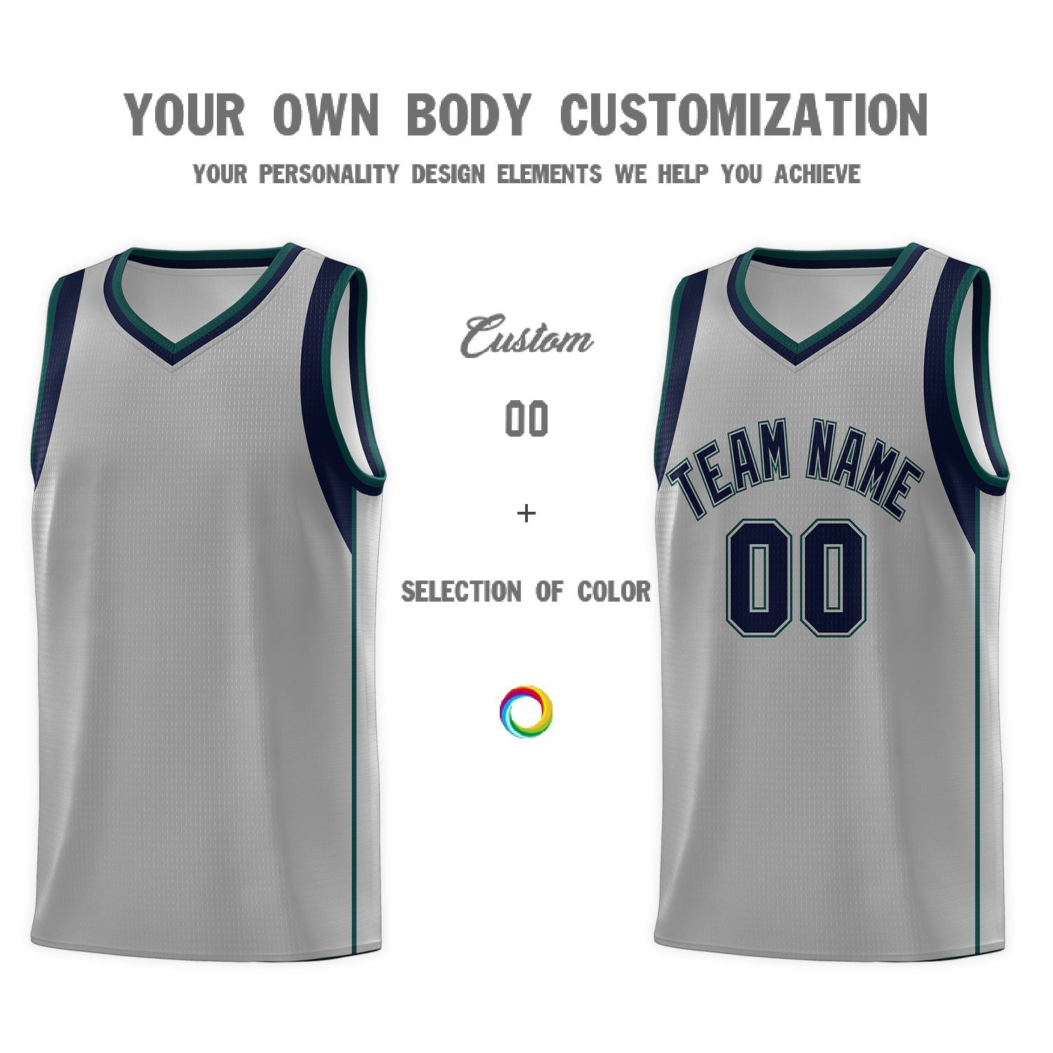 Custom Gray Navy-Green Sleeve Color Blocking Classic Sports Uniform Basketball Jersey