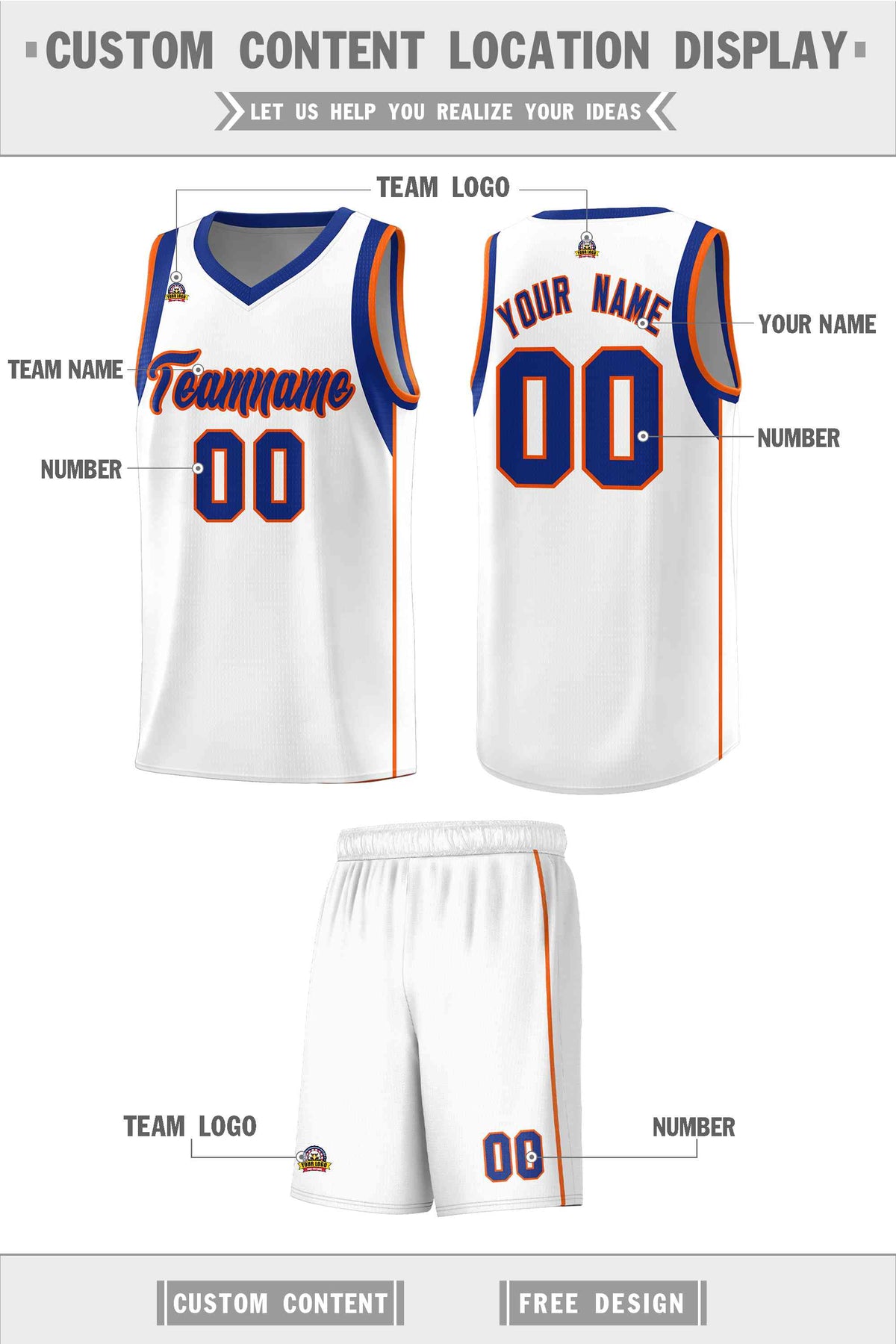 Custom White Royal-Orange Sleeve Color Blocking Classic Sports Uniform Basketball Jersey