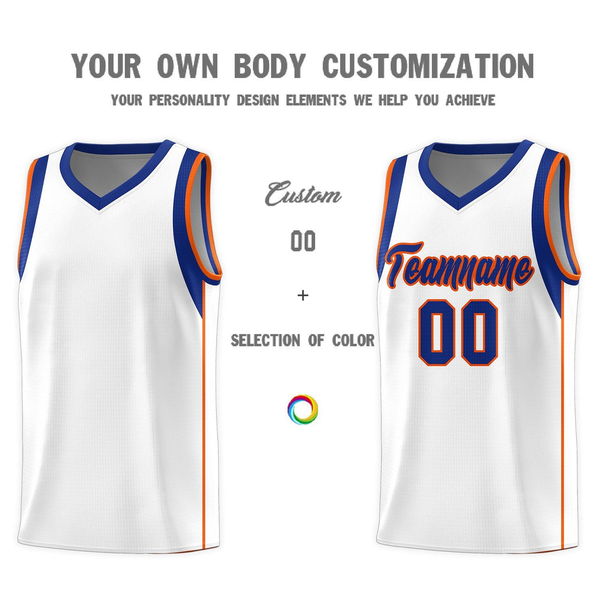 Custom White Royal-Orange Sleeve Color Blocking Classic Sports Uniform Basketball Jersey