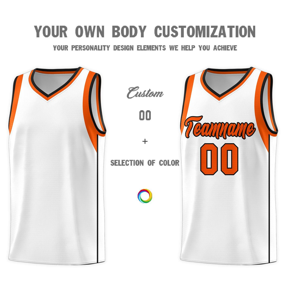 Custom White Orange-Black Sleeve Color Blocking Classic Sports Uniform Basketball Jersey