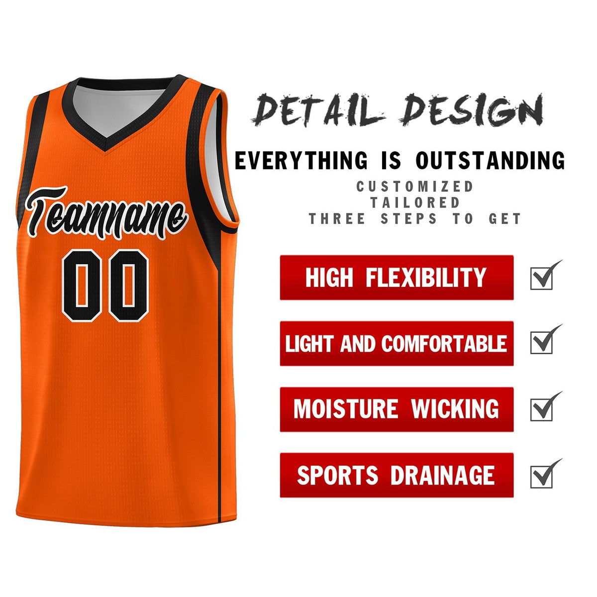Custom Orange Black-White Sleeve Color Blocking Classic Sports Uniform Basketball Jersey