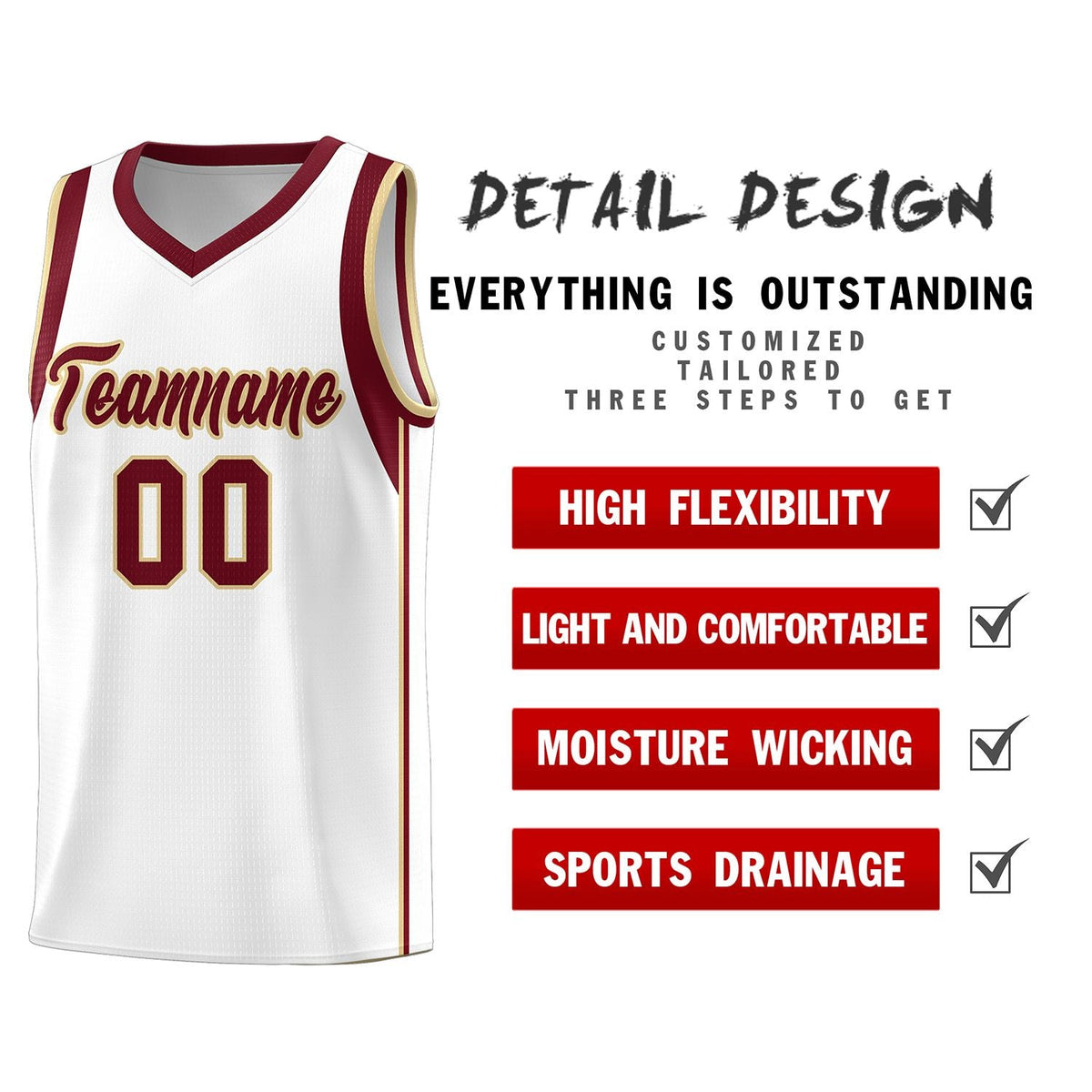 Custom White Crimson-Khaki Sleeve Color Blocking Classic Sports Uniform Basketball Jersey