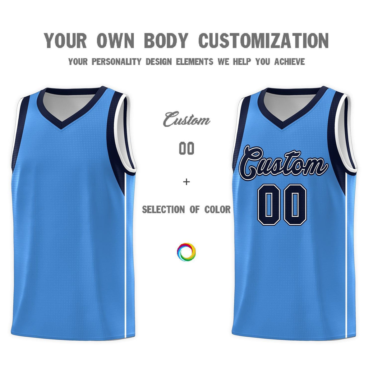 Custom Powder Blue Navy-White Sleeve Color Blocking Classic Sports Uniform Basketball Jersey