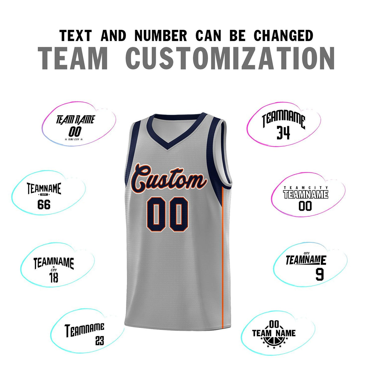 Custom Gray Navy-Orange Sleeve Color Blocking Classic Sports Uniform Basketball Jersey