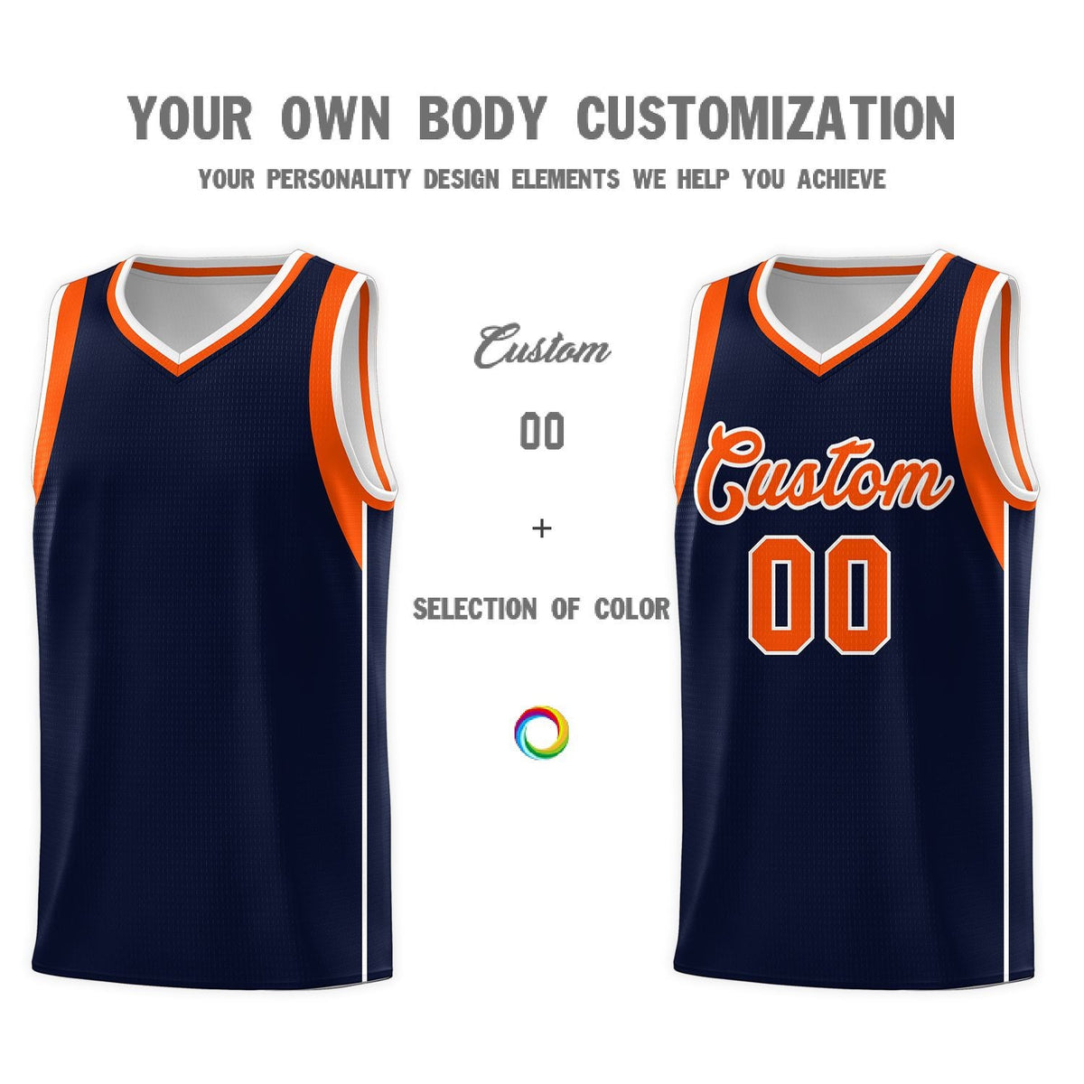 Custom Navy Orange-White Sleeve Color Blocking Classic Sports Uniform Basketball Jersey