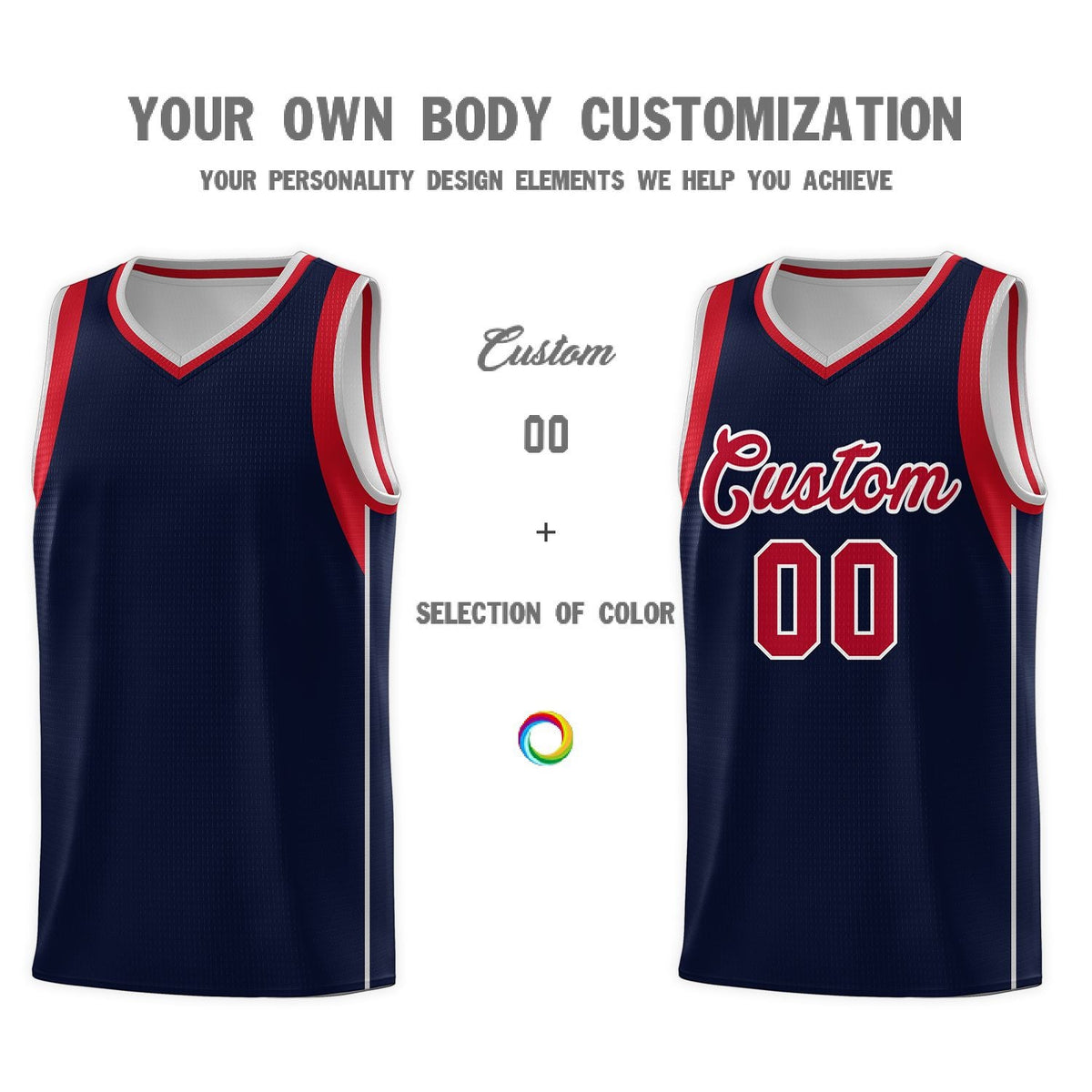 Custom Navy Red-Gray Sleeve Color Blocking Classic Sports Uniform Basketball Jersey