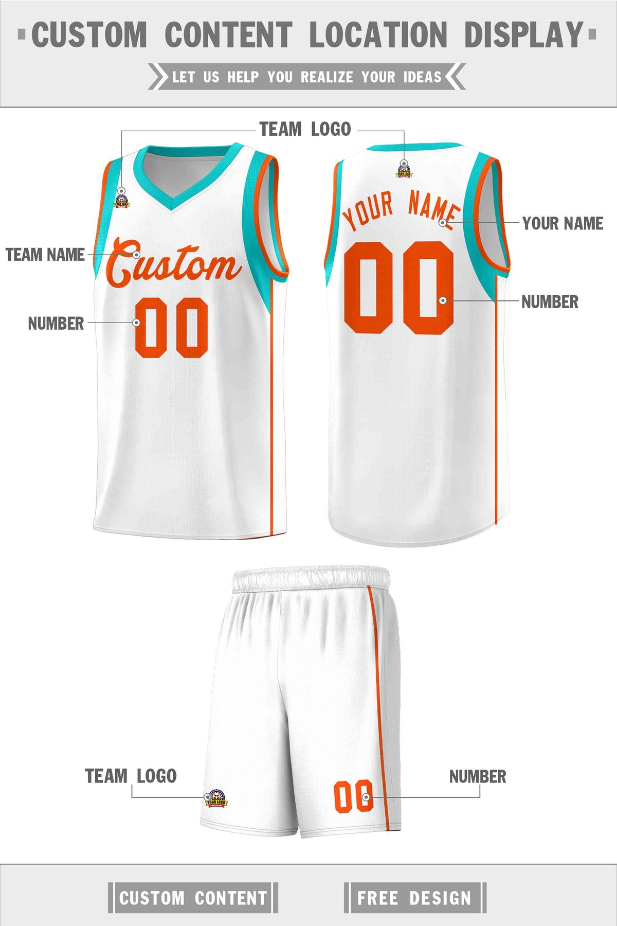 Custom White Orange Sleeve Color Blocking Classic Sports Uniform Basketball Jersey