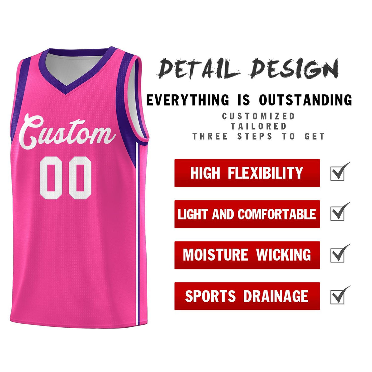Custom Pink White Sleeve Color Blocking Classic Sports Uniform Basketball Jersey