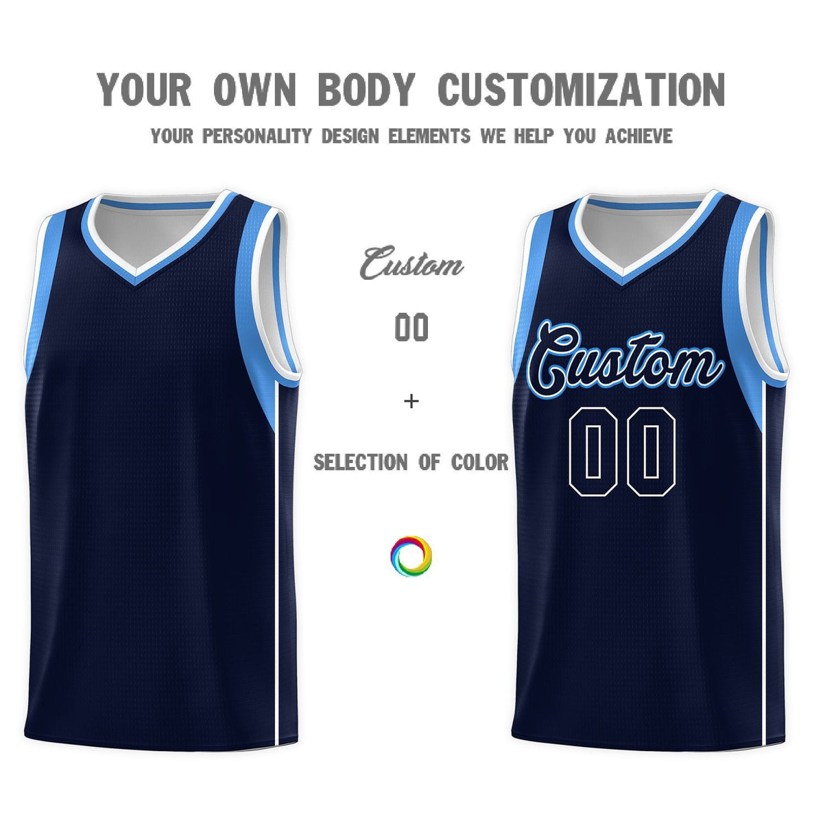 Custom Navy Powder Blue-White Sleeve Color Blocking Classic Sports Uniform Basketball Jersey