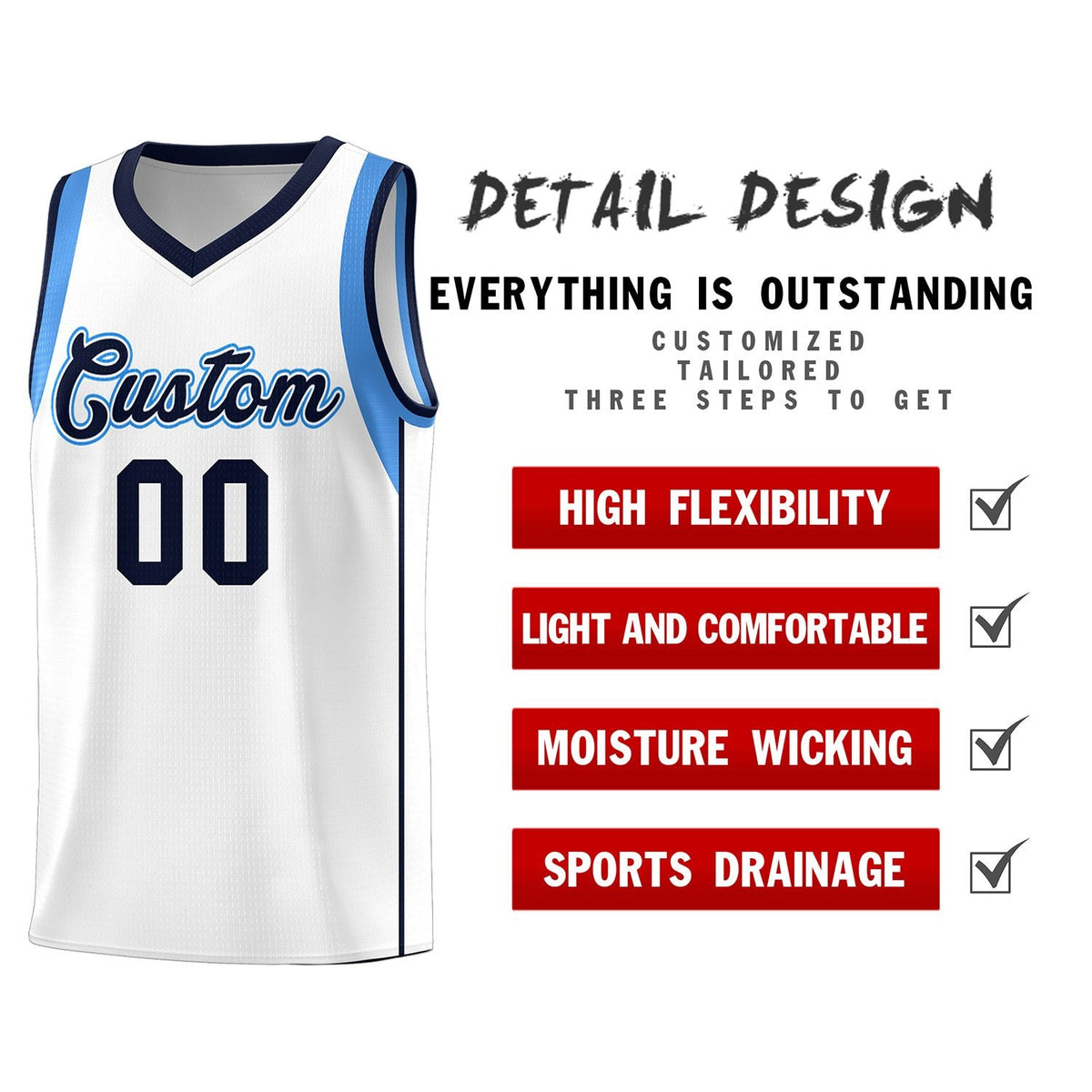 Custom White Navy-Powder Blue Sleeve Color Blocking Classic Sports Uniform Basketball Jersey