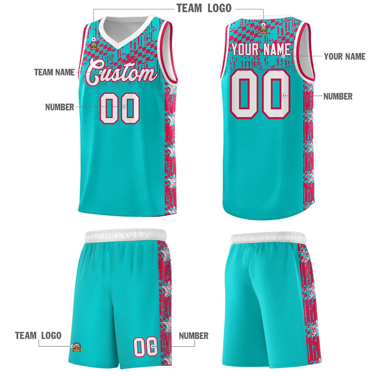 Custom Aqua Mosaic Stars Pattern Sports Uniform Basketball Jersey