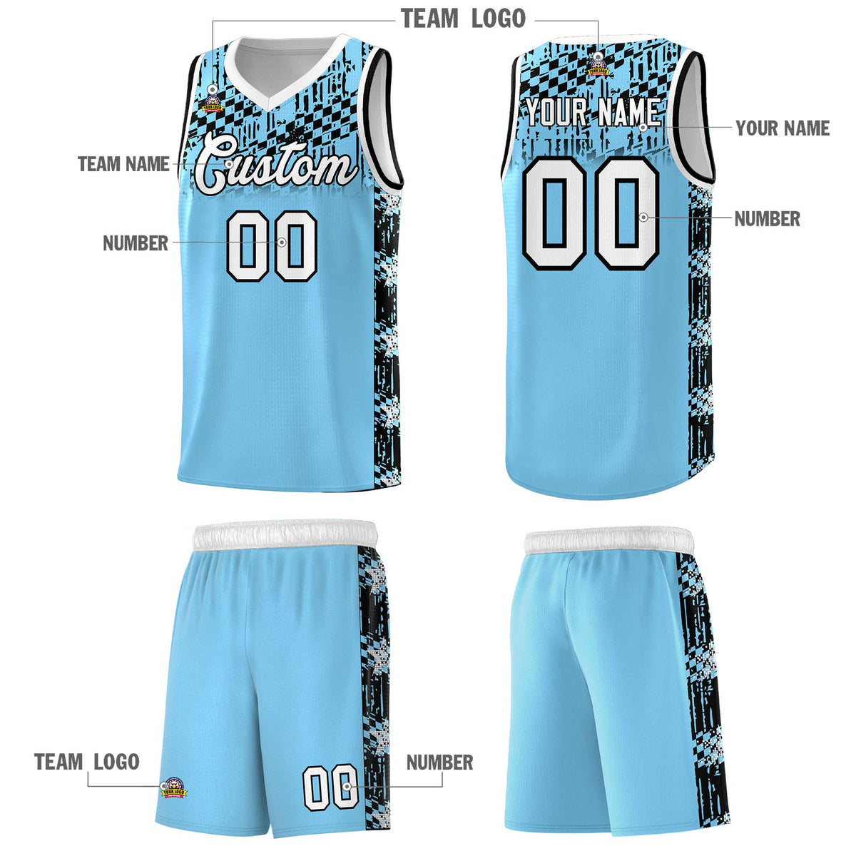 Custom Light Blue Mosaic Stars Pattern Sports Uniform Basketball Jersey