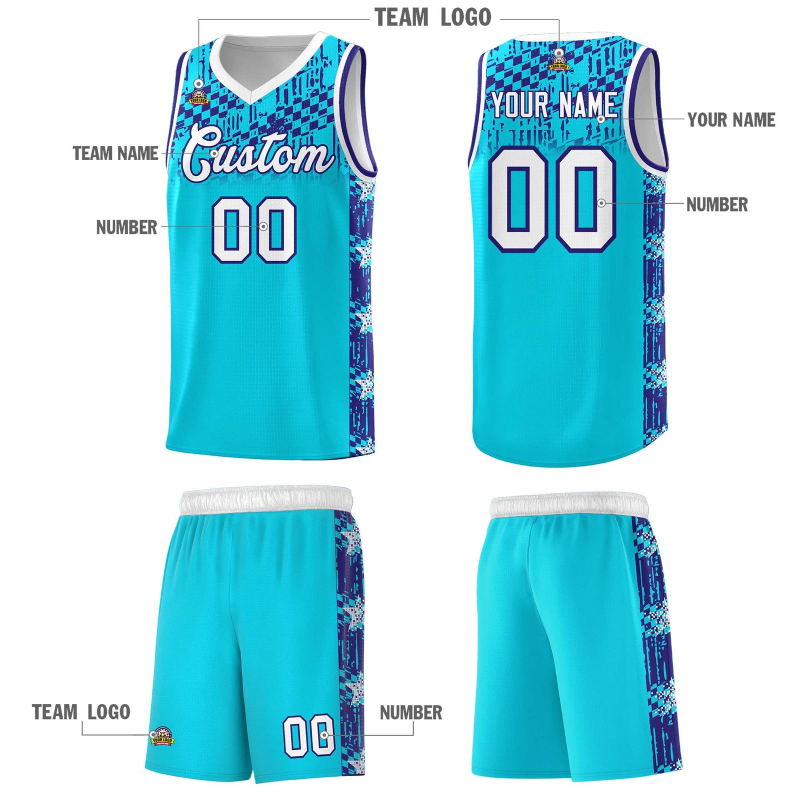 Custom Sky Blue Mosaic Stars Pattern Sports Uniform Basketball Jersey