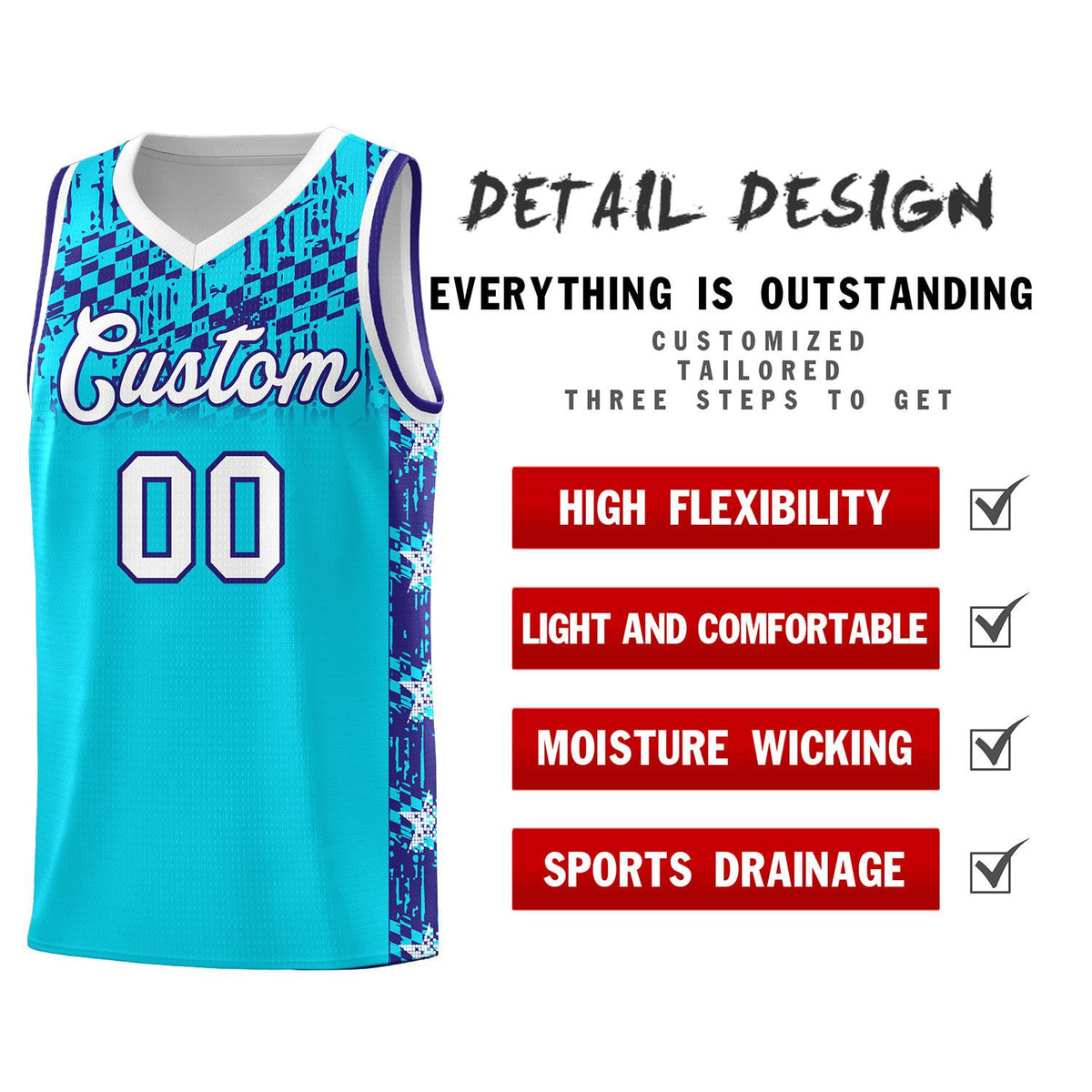 Custom Sky Blue Mosaic Stars Pattern Sports Uniform Basketball Jersey