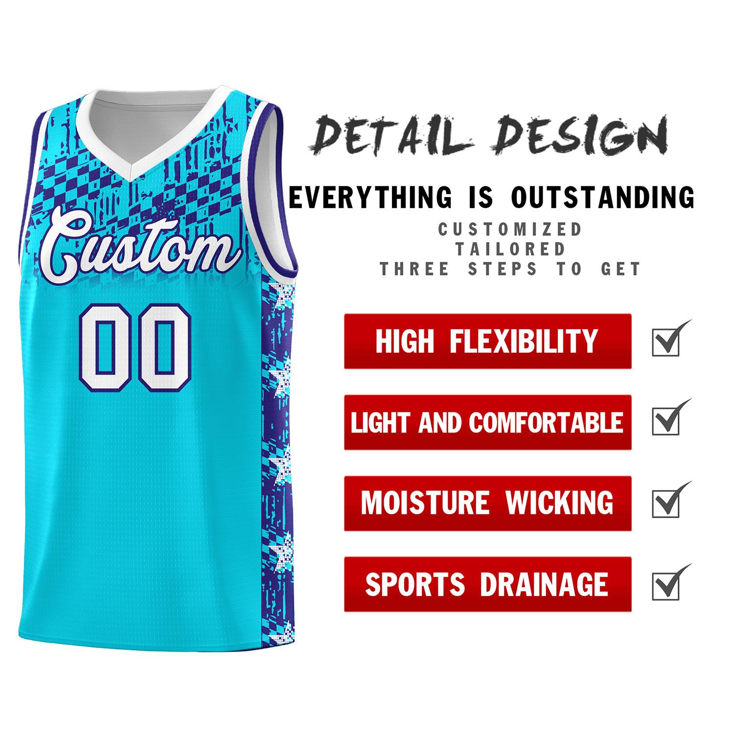 Custom Sky Blue Mosaic Stars Pattern Sports Uniform Basketball Jersey