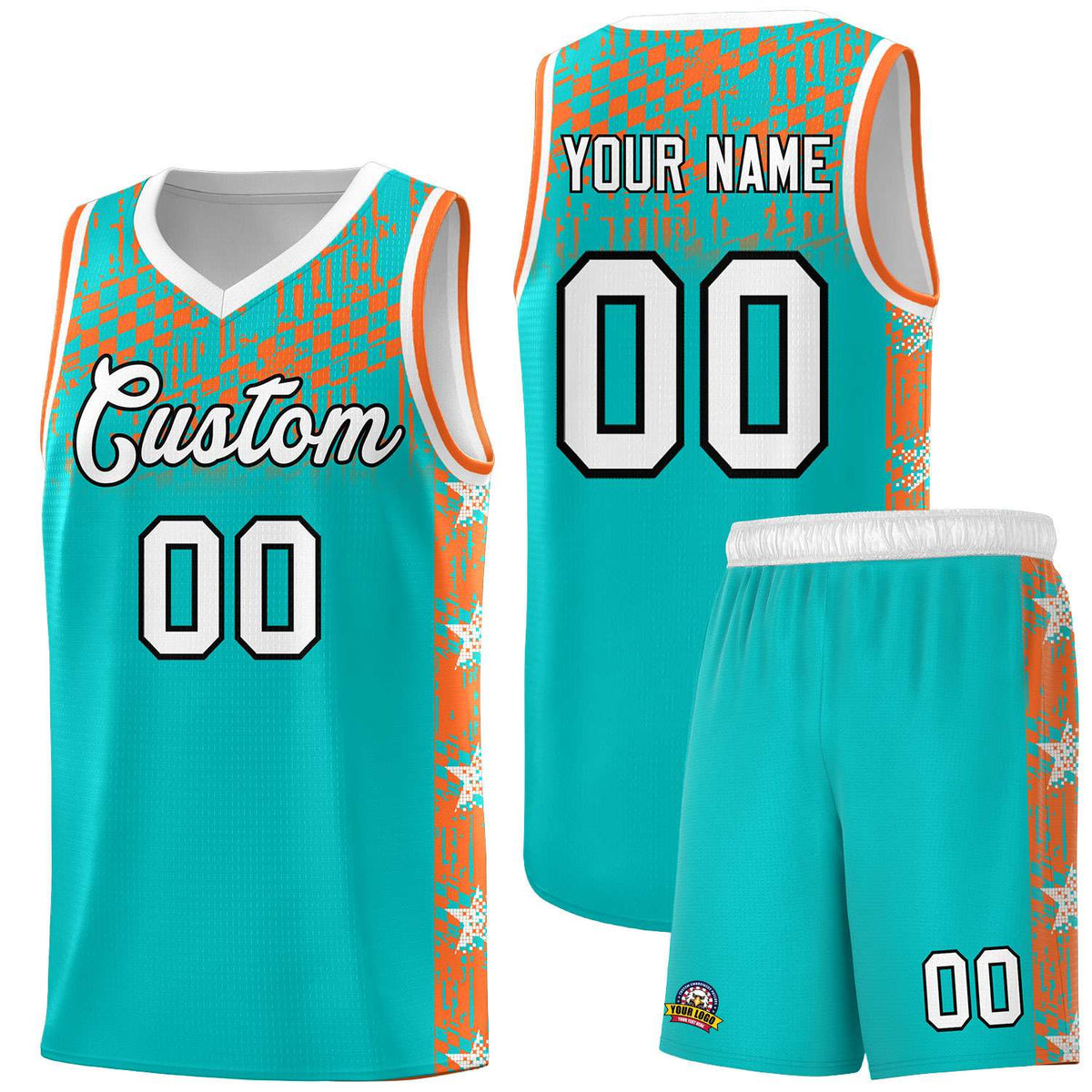 Custom Aqua Mosaic Stars Pattern Sports Uniform Basketball Jersey