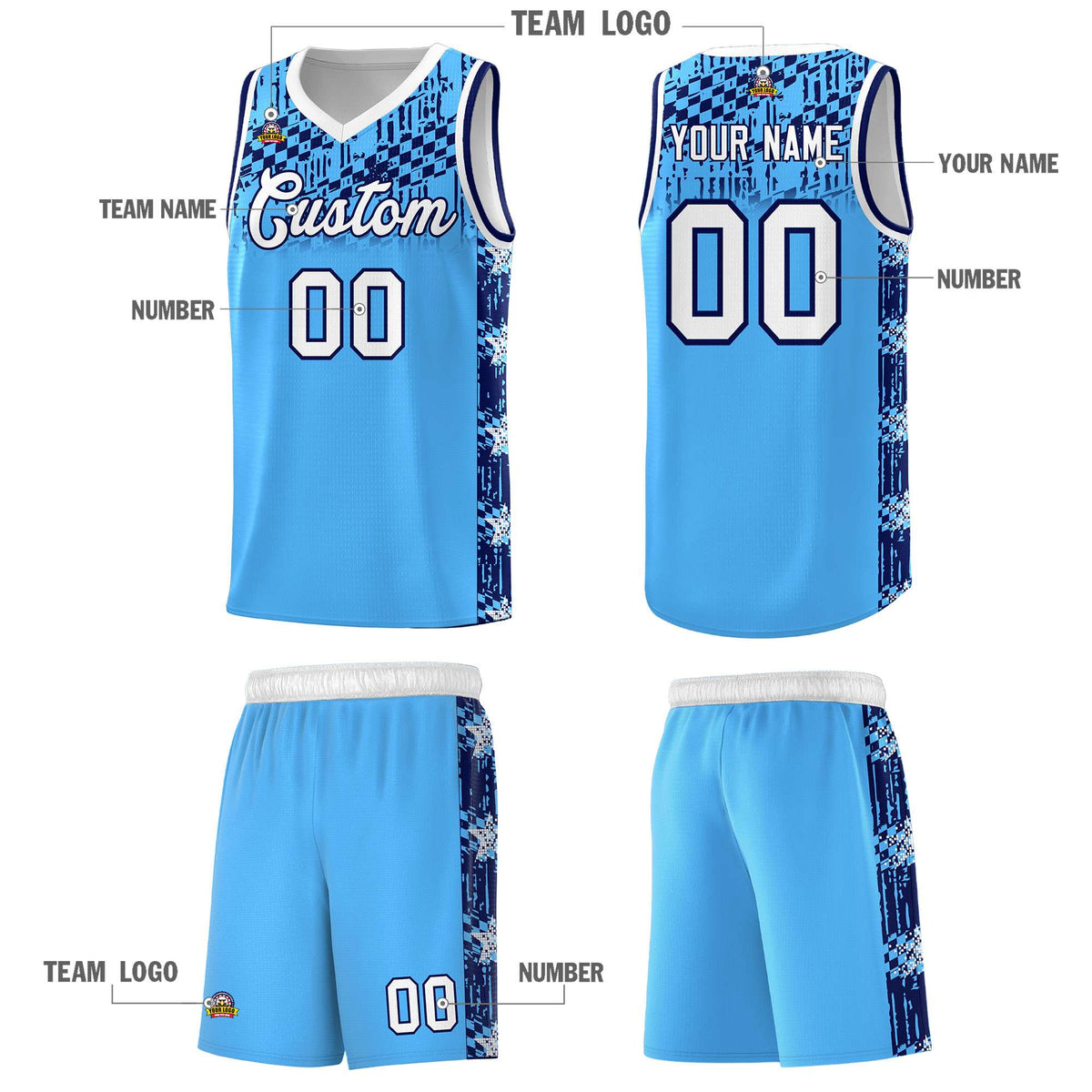 Custom Powder Blue Mosaic Stars Pattern Sports Uniform Basketball Jersey