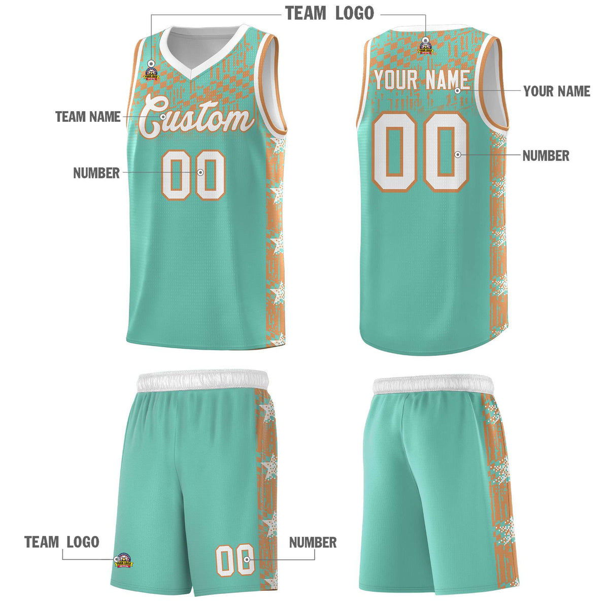 Custom Bright Green Mosaic Stars Pattern Sports Uniform Basketball Jersey
