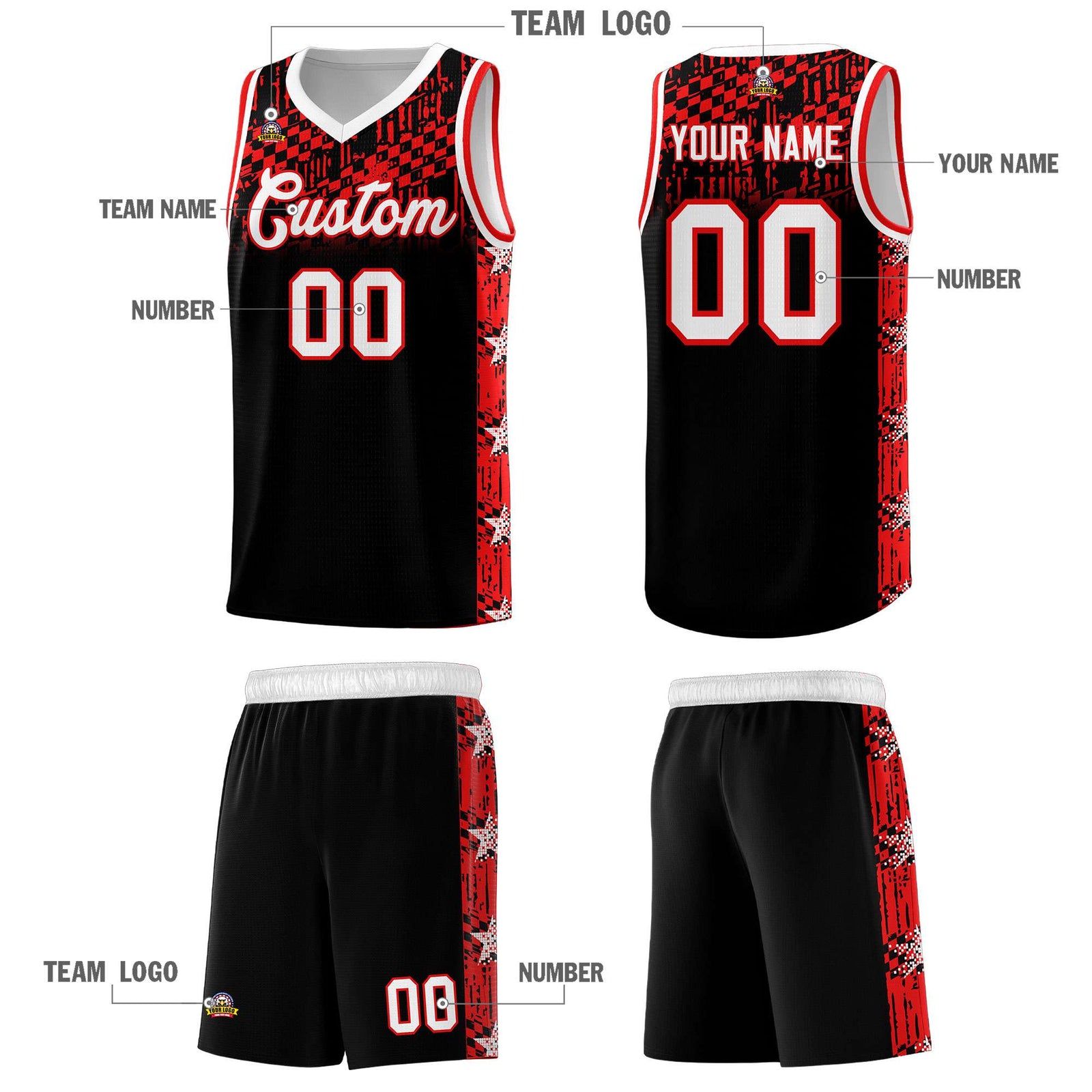 Custom Black Mosaic Stars Pattern Sports Uniform Basketball Jersey