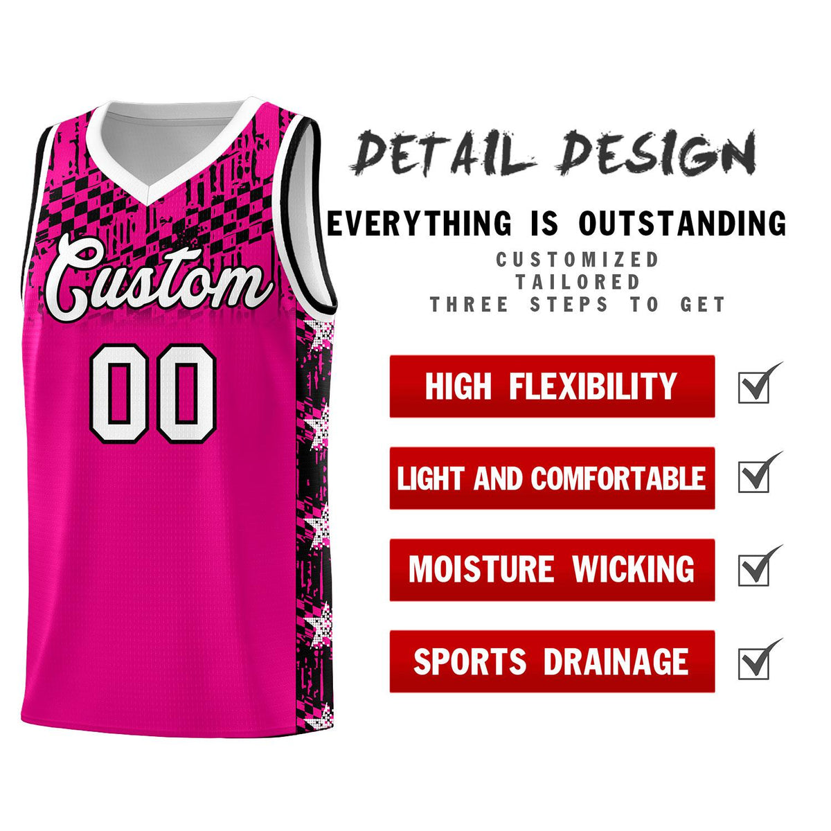 Custom Pink Mosaic Stars Pattern Sports Uniform Basketball Jersey