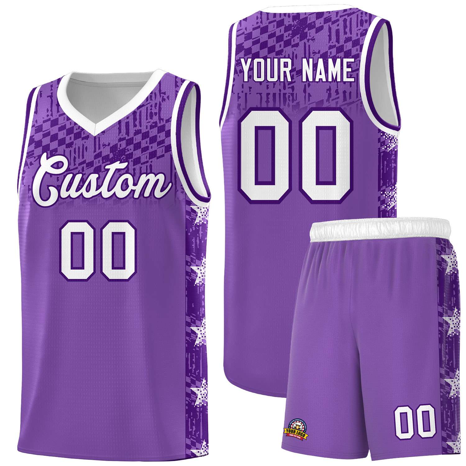 Custom Light Purple Mosaic Stars Pattern Sports Uniform Basketball Jersey