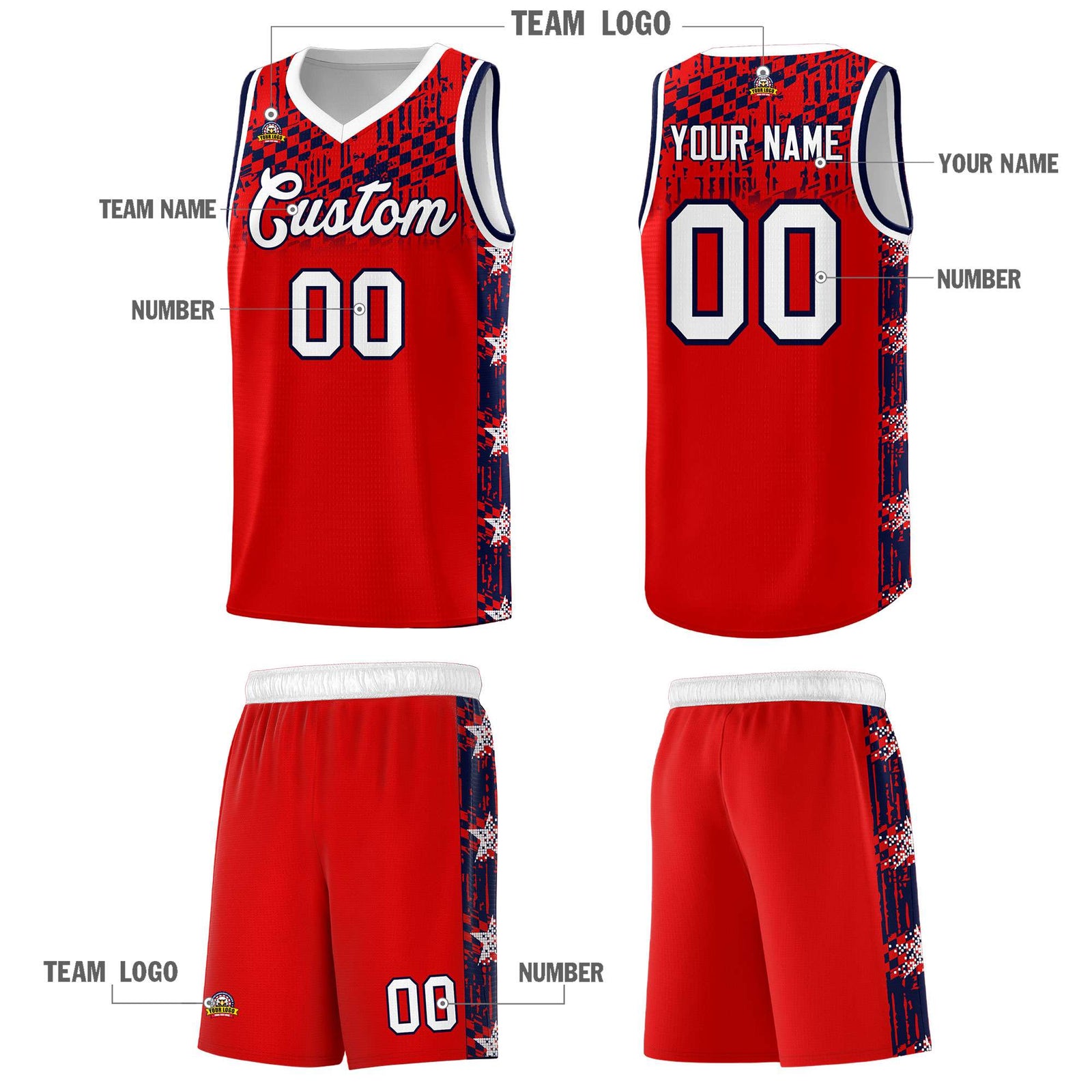 Custom Red Mosaic Stars Pattern Sports Uniform Basketball Jersey