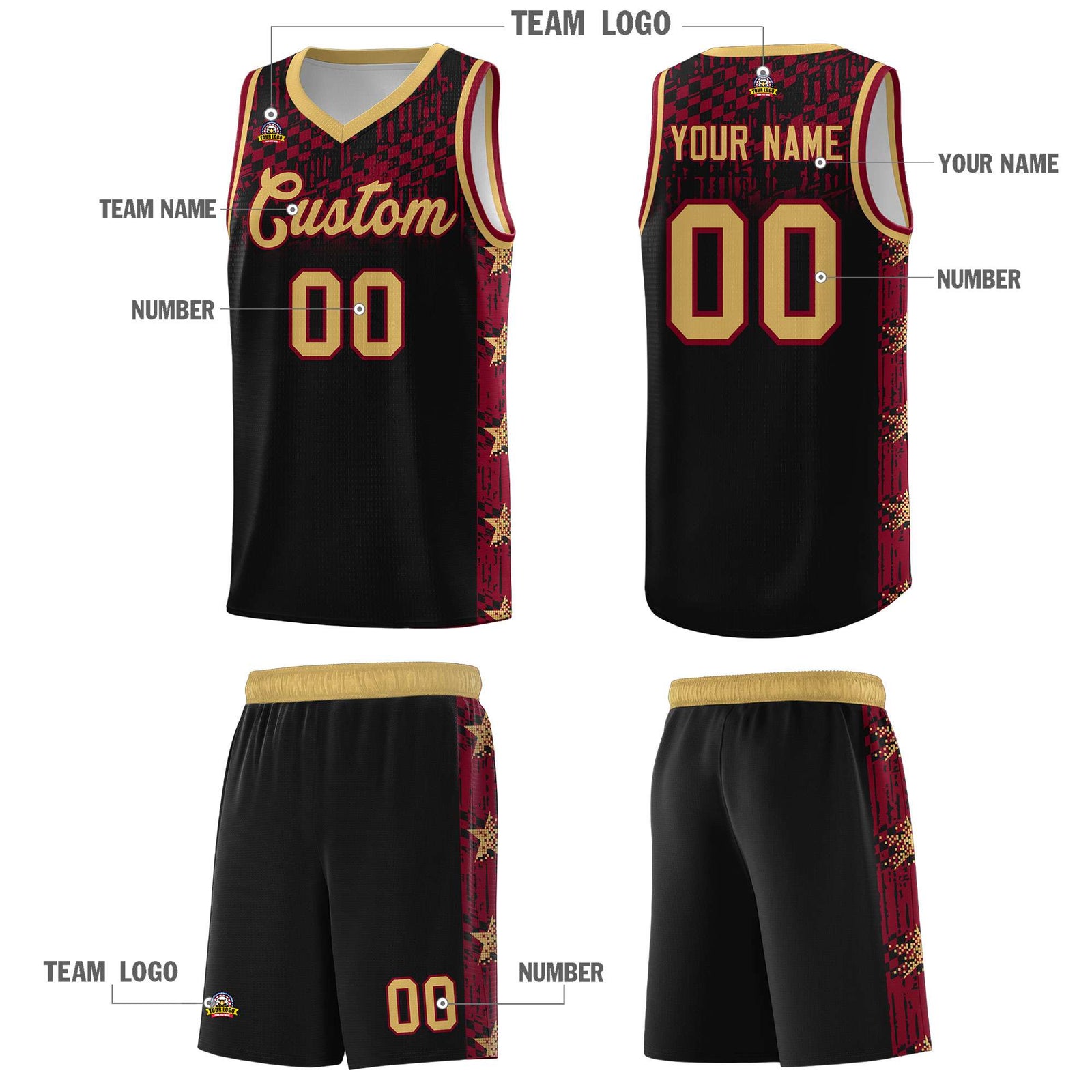 Custom Black Mosaic Stars Pattern Sports Uniform Basketball Jersey
