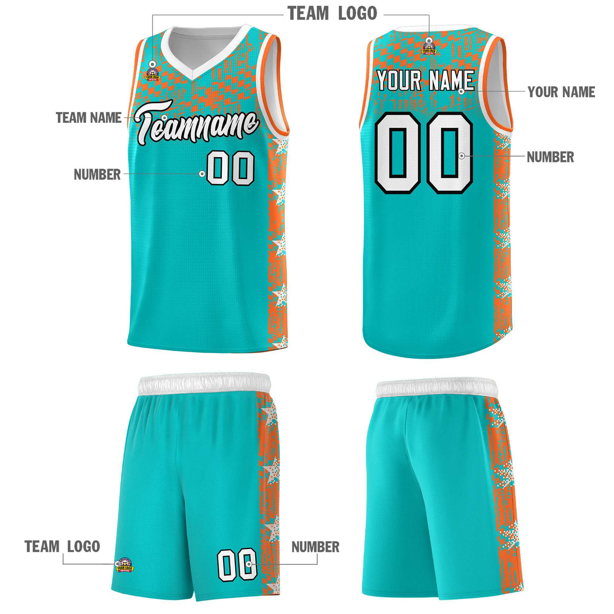 Custom Aqua Mosaic Stars Pattern Sports Uniform Basketball Jersey