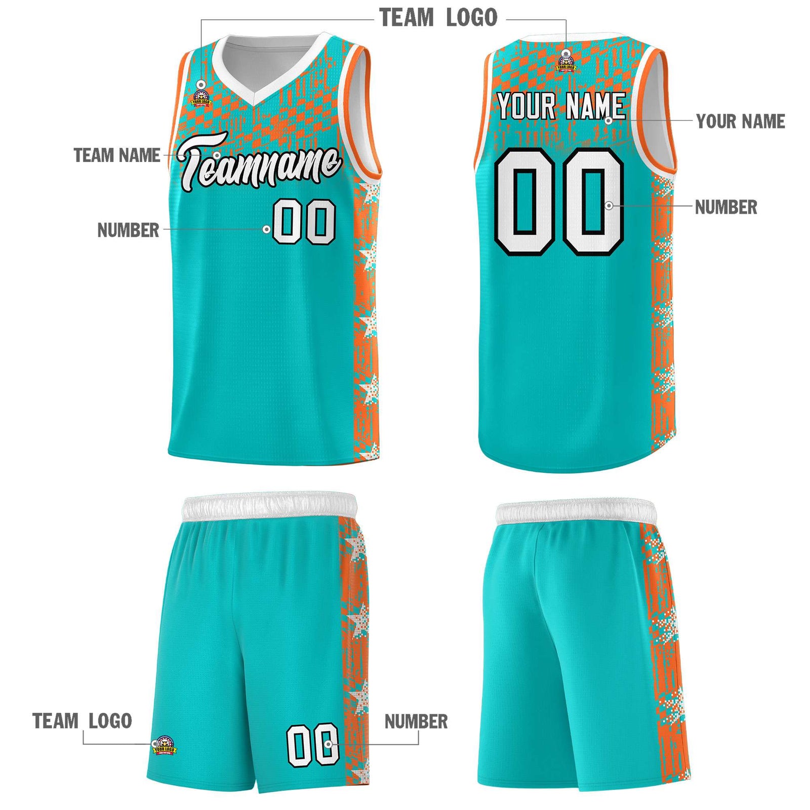 Custom Aqua Mosaic Stars Pattern Sports Uniform Basketball Jersey