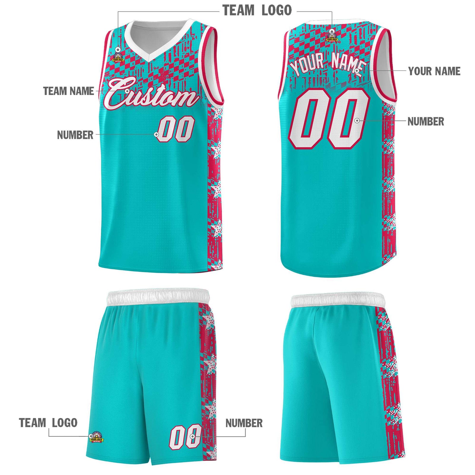 Custom Aqua Mosaic Stars Pattern Sports Uniform Basketball Jersey