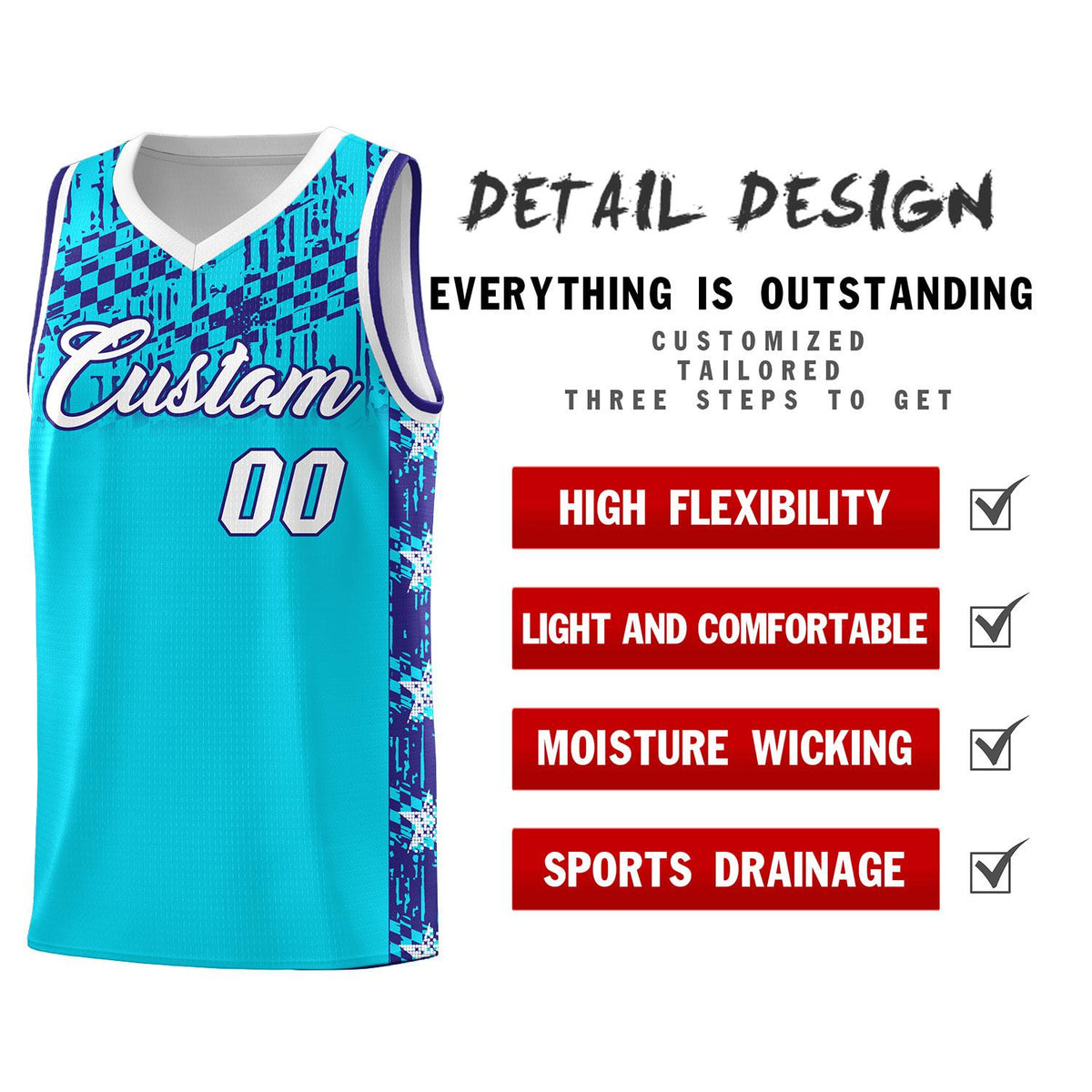 Custom Sky Blue Mosaic Stars Pattern Sports Uniform Basketball Jersey