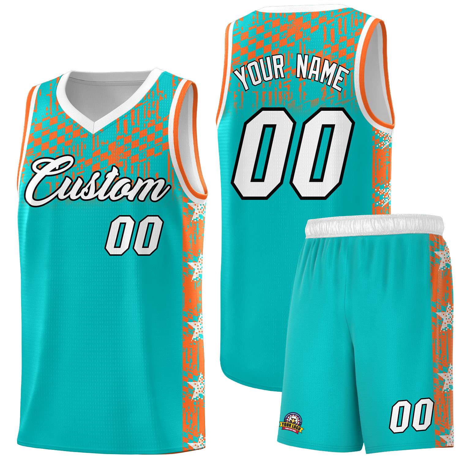 Custom Aqua Mosaic Stars Pattern Sports Uniform Basketball Jersey