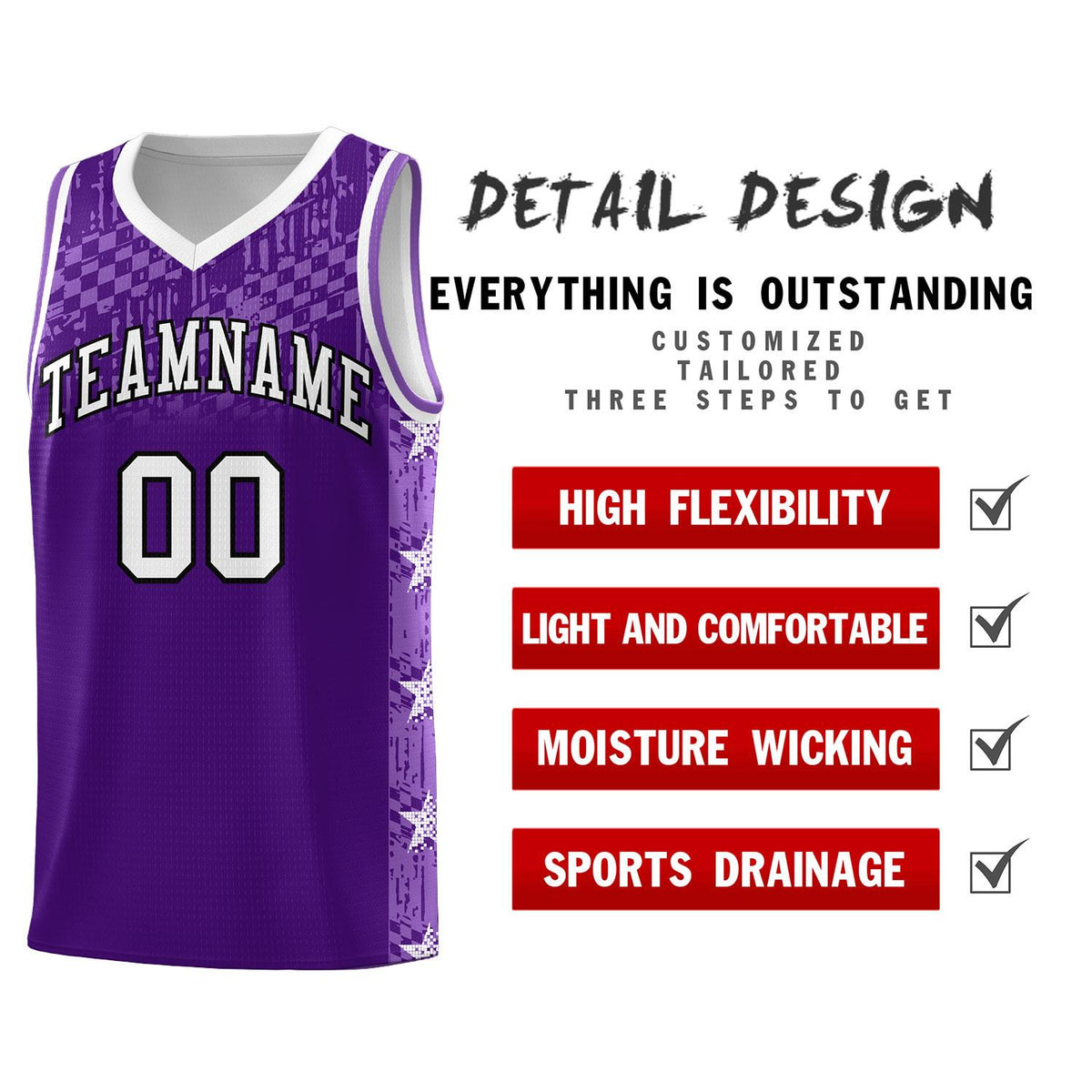 Custom Purple Mosaic Stars Pattern Sports Uniform Basketball Jersey