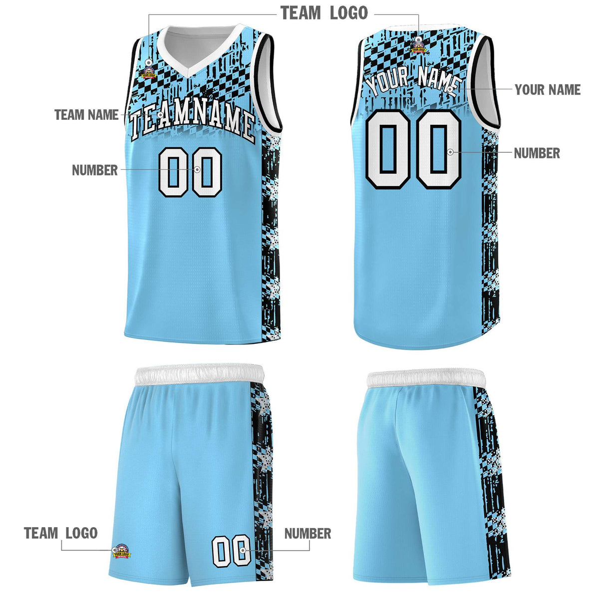 Custom Light Blue Mosaic Stars Pattern Sports Uniform Basketball Jersey