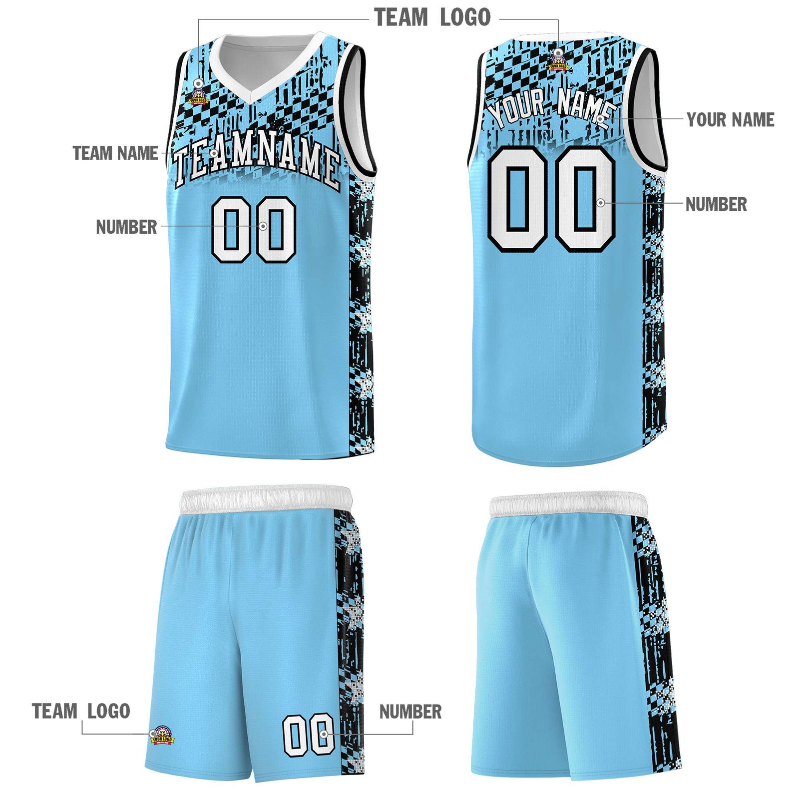 Custom Light Blue Mosaic Stars Pattern Sports Uniform Basketball Jersey