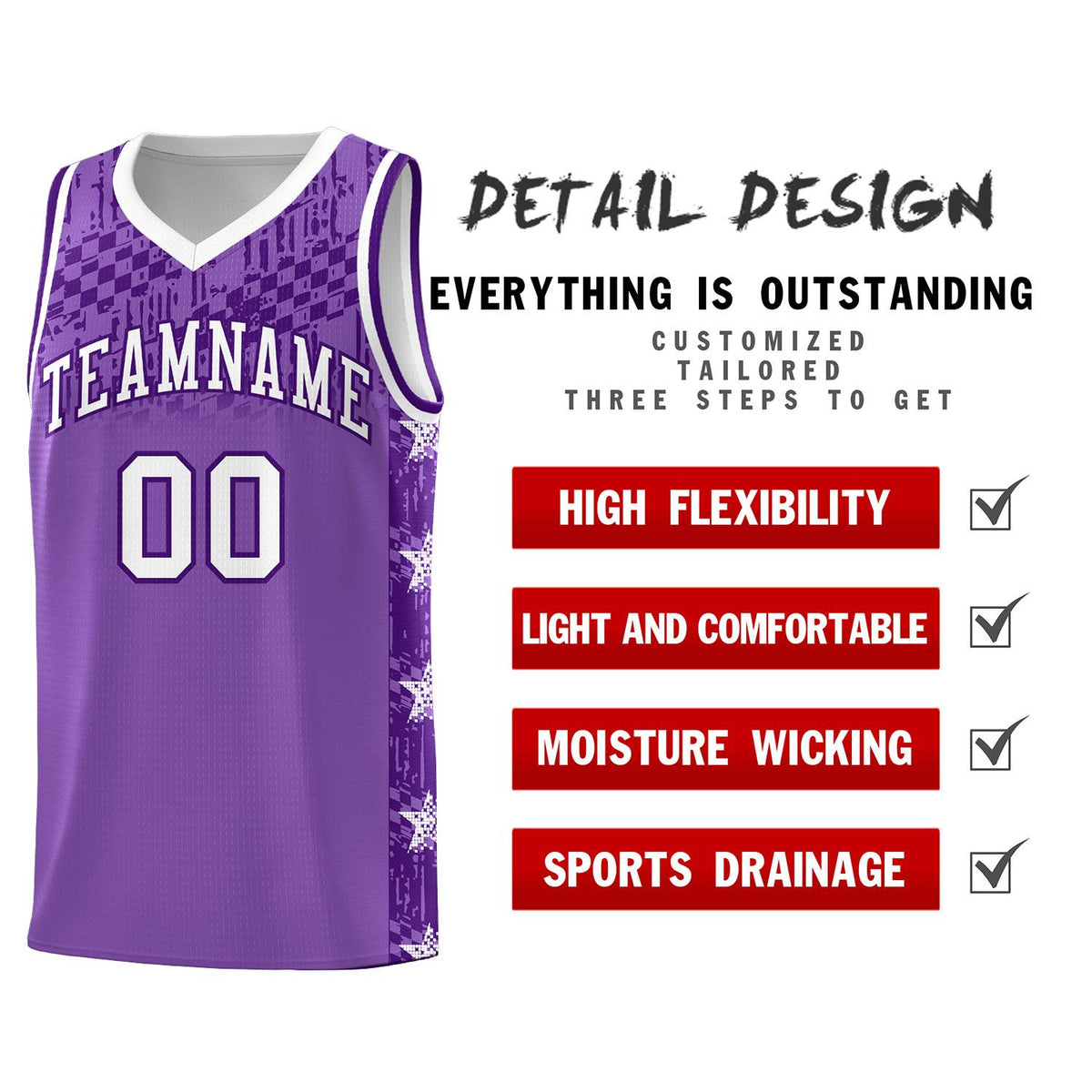 Custom Light Purple Mosaic Stars Pattern Sports Uniform Basketball Jersey