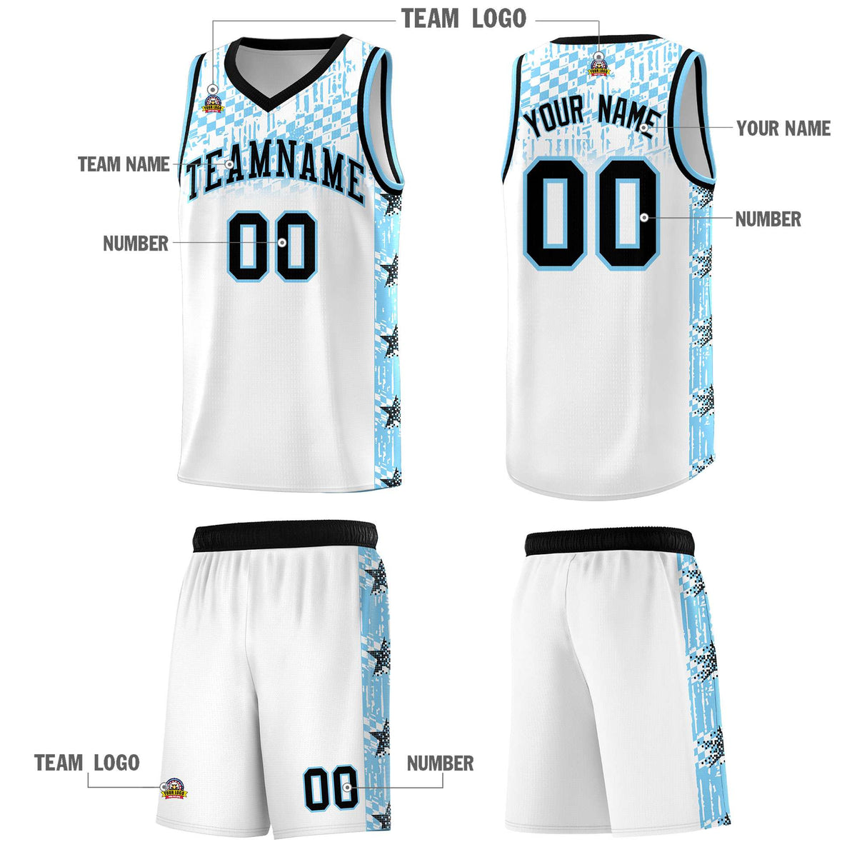 Custom White Mosaic Stars Pattern Sports Uniform Basketball Jersey