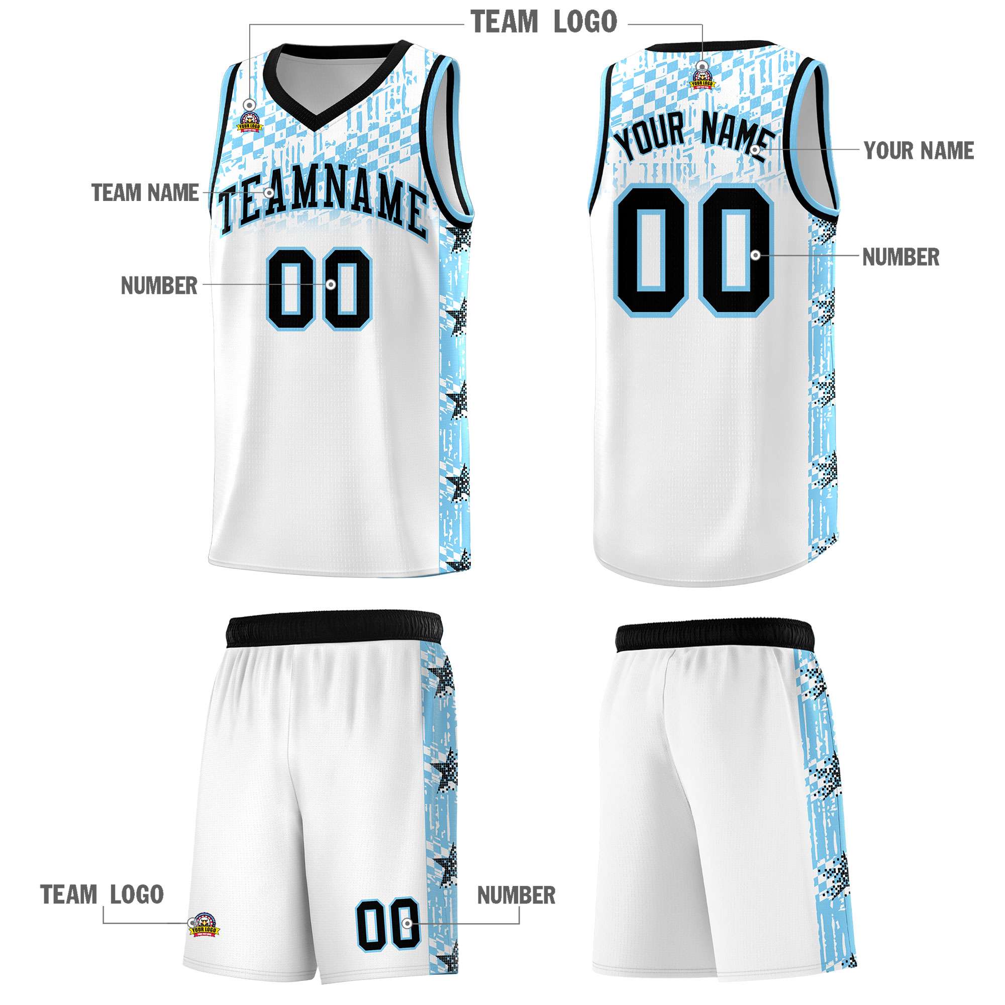 Custom White Mosaic Stars Pattern Sports Uniform Basketball Jersey