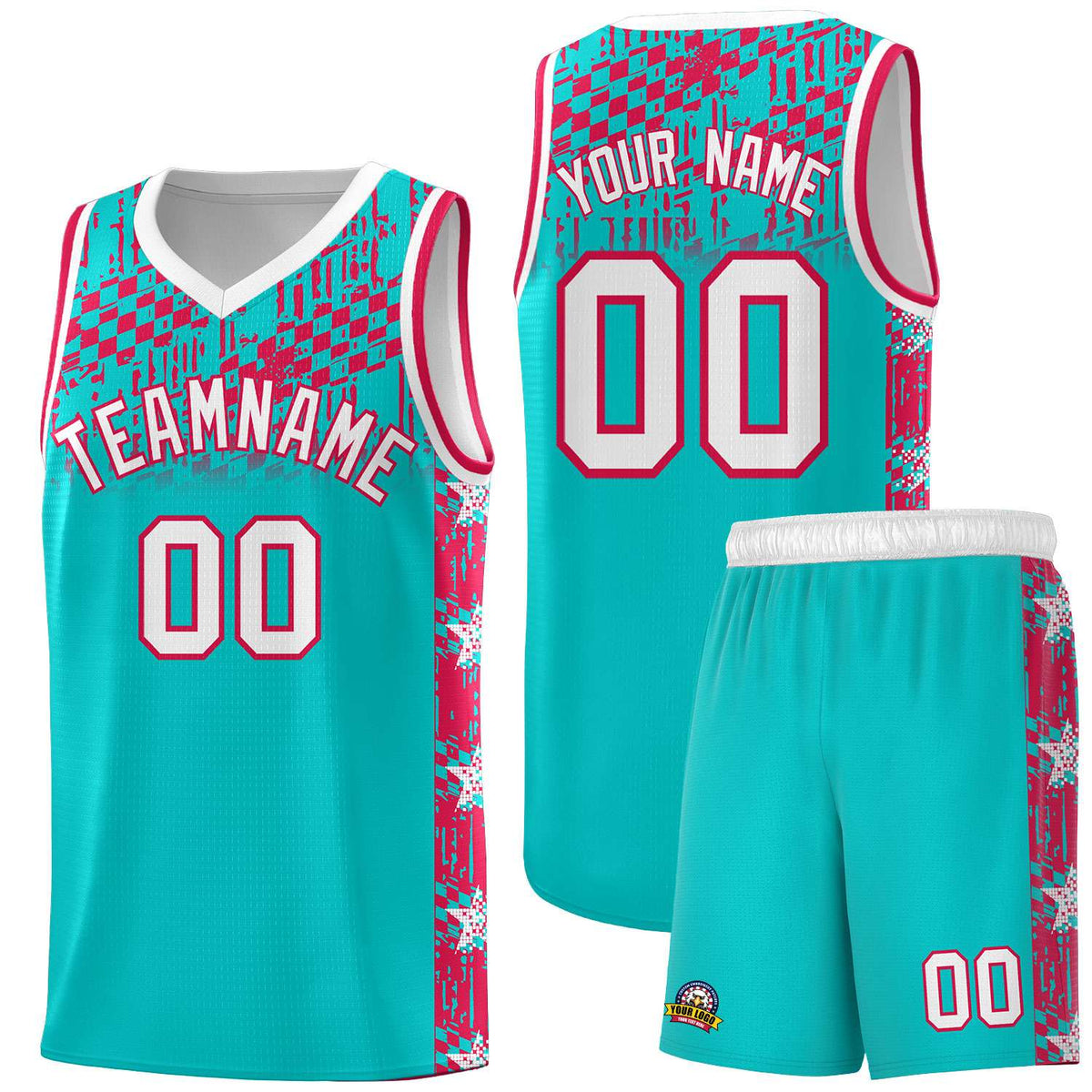 Custom Aqua Mosaic Stars Pattern Sports Uniform Basketball Jersey