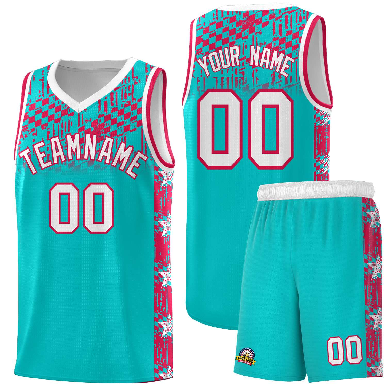 Custom Aqua Mosaic Stars Pattern Sports Uniform Basketball Jersey